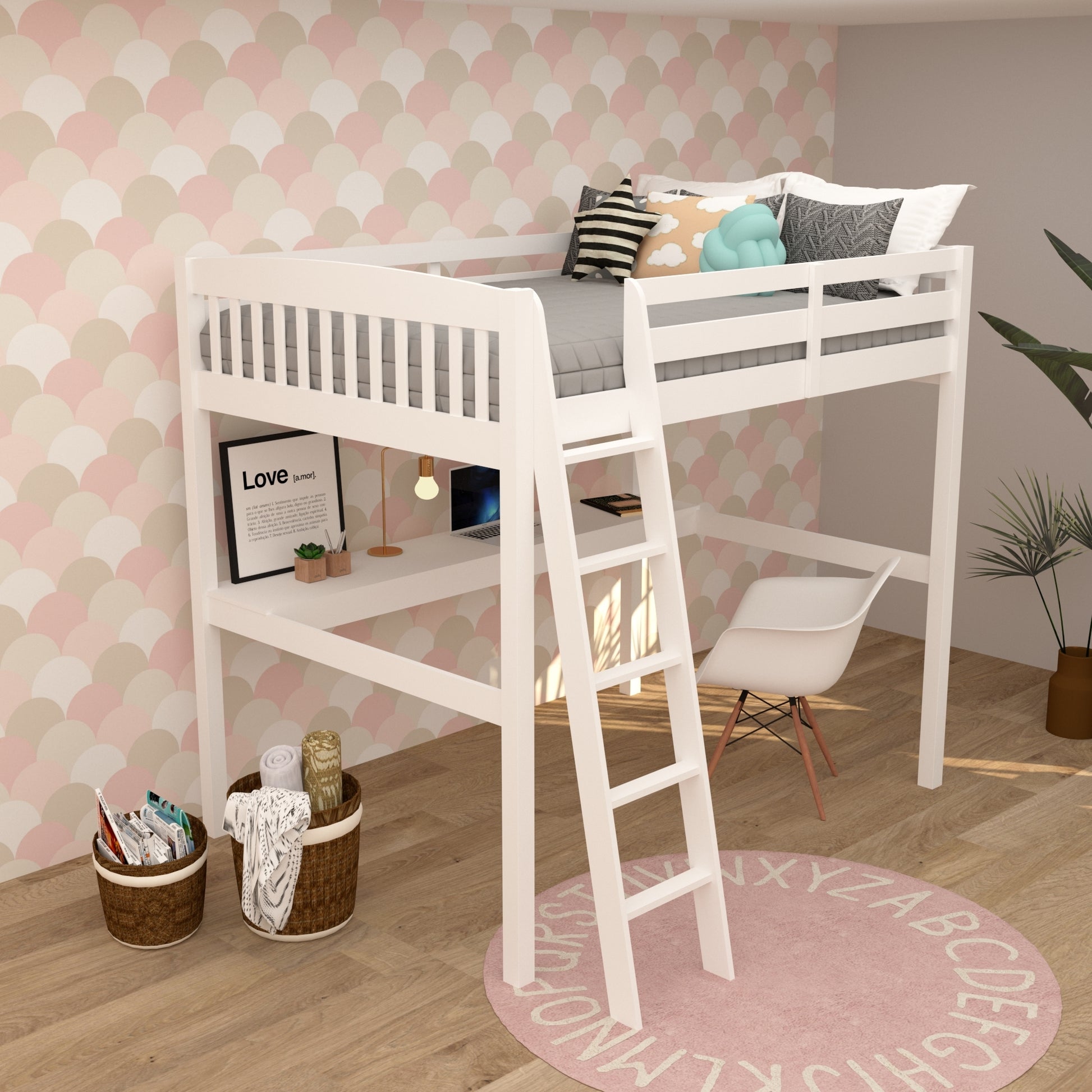 Everest White High Loft Bed with Desk and Storage white-solid wood