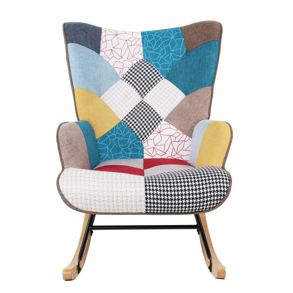 Rocking Chair, Mid Century Fabric Rocker Chair with multicolor-linen