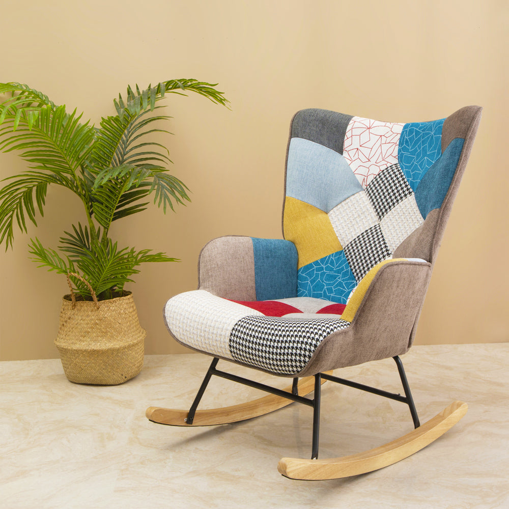 Rocking Chair, Mid Century Fabric Rocker Chair with multicolor-linen