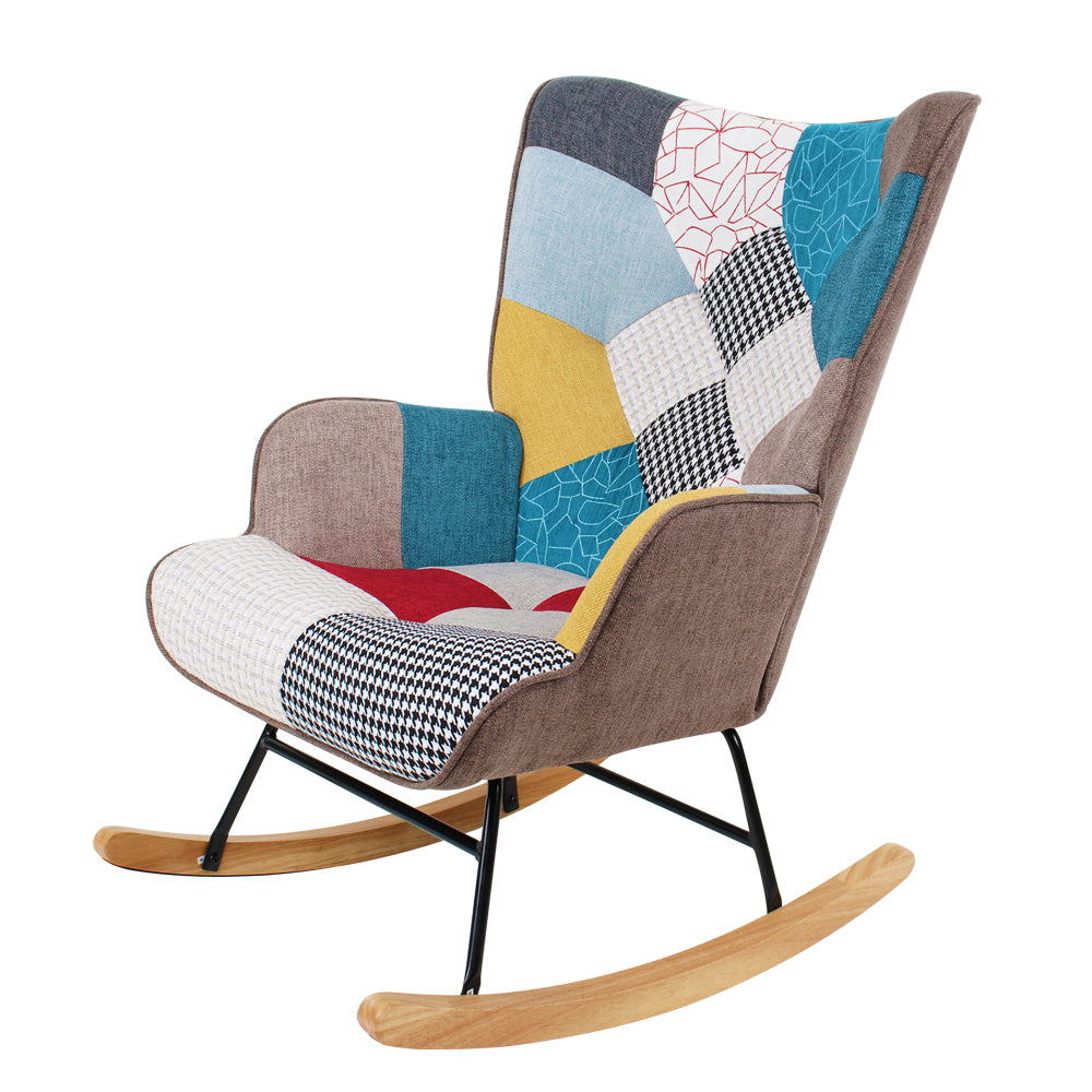 Rocking Chair, Mid Century Fabric Rocker Chair with multicolor-linen