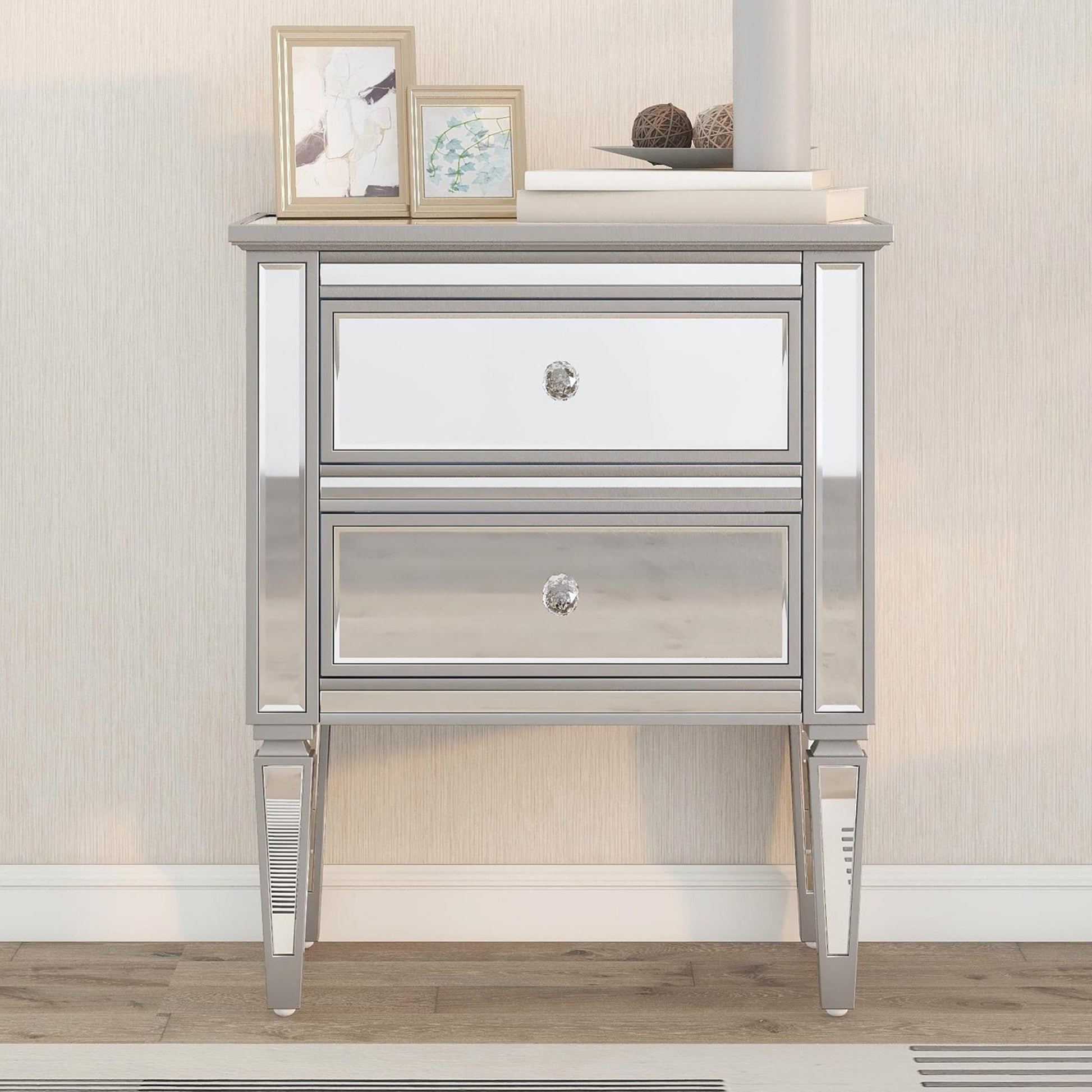 Elegant Mirrored Side Table With 2 Drawers,