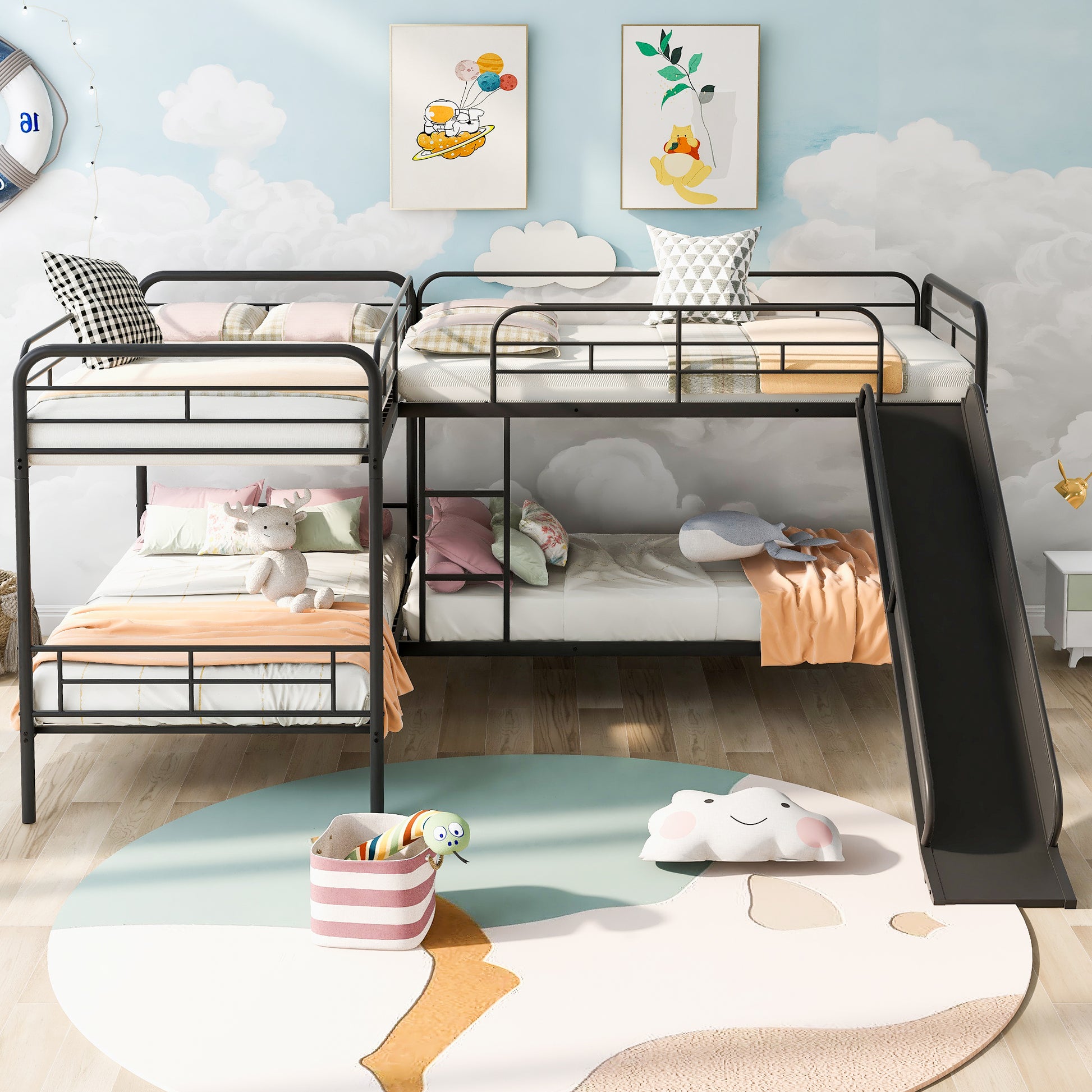 Twin Size L Shaped Bunk Bed With Slide And Ladder