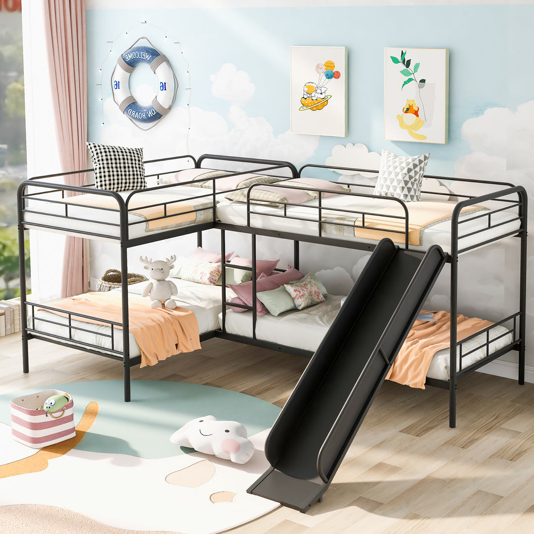 Twin Size L Shaped Bunk Bed With Slide And Ladder