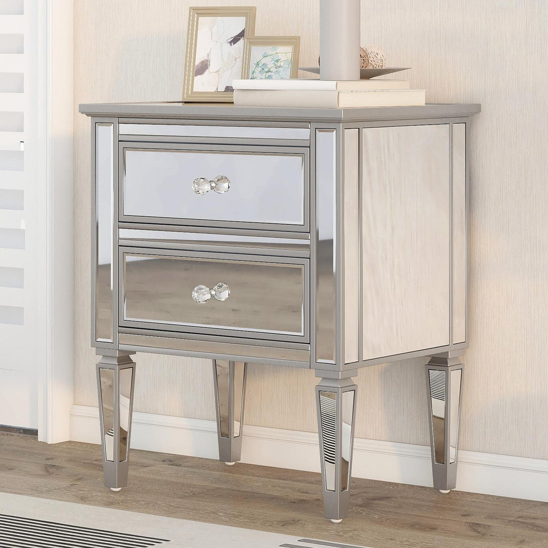 Elegant Mirrored Side Table With 2 Drawers,