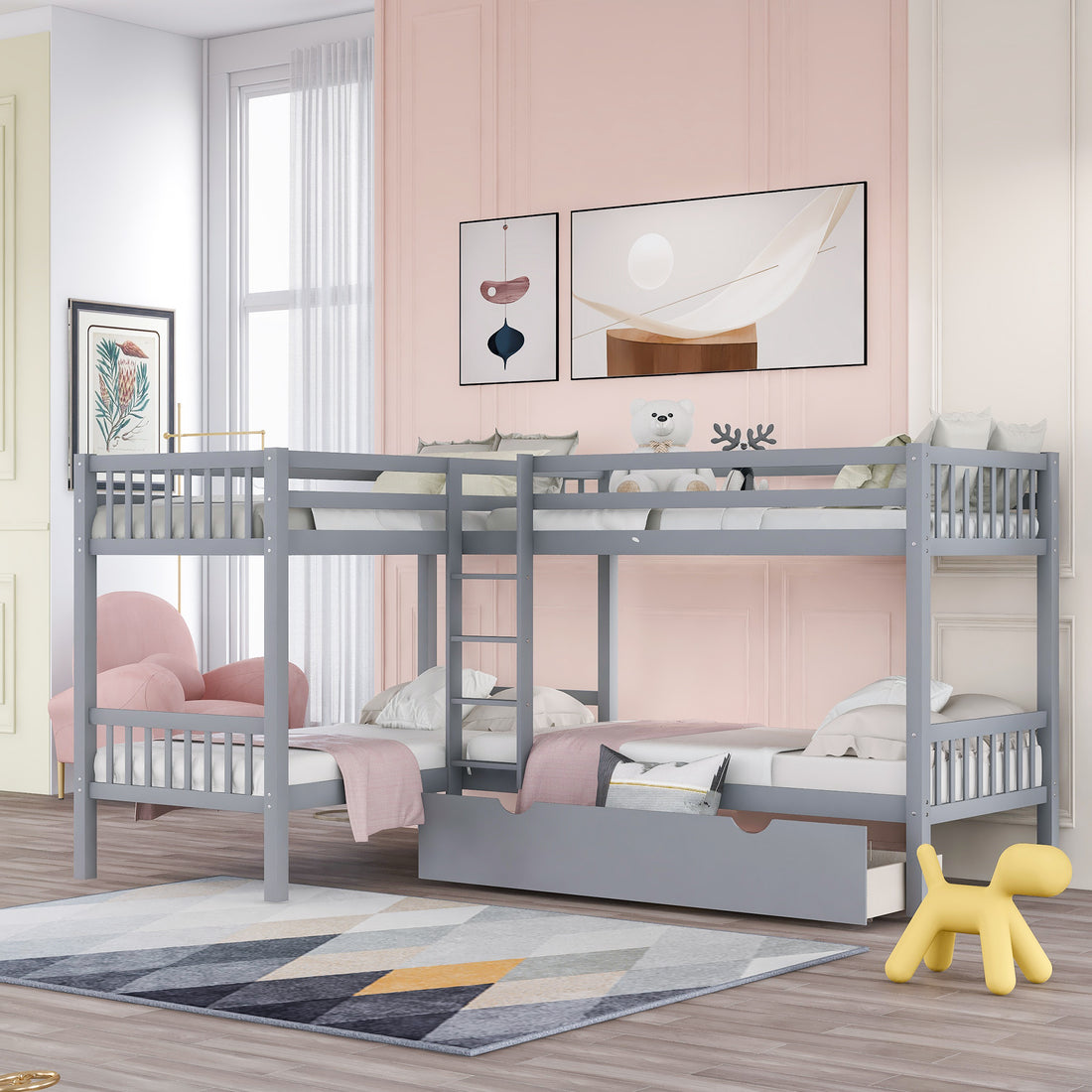 Twin L Shaped Bunk Bed With Drawers Gray Old Sku