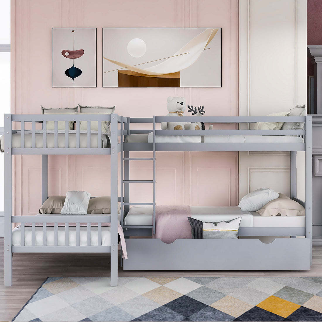 Twin L Shaped Bunk Bed With Drawers Gray Old Sku