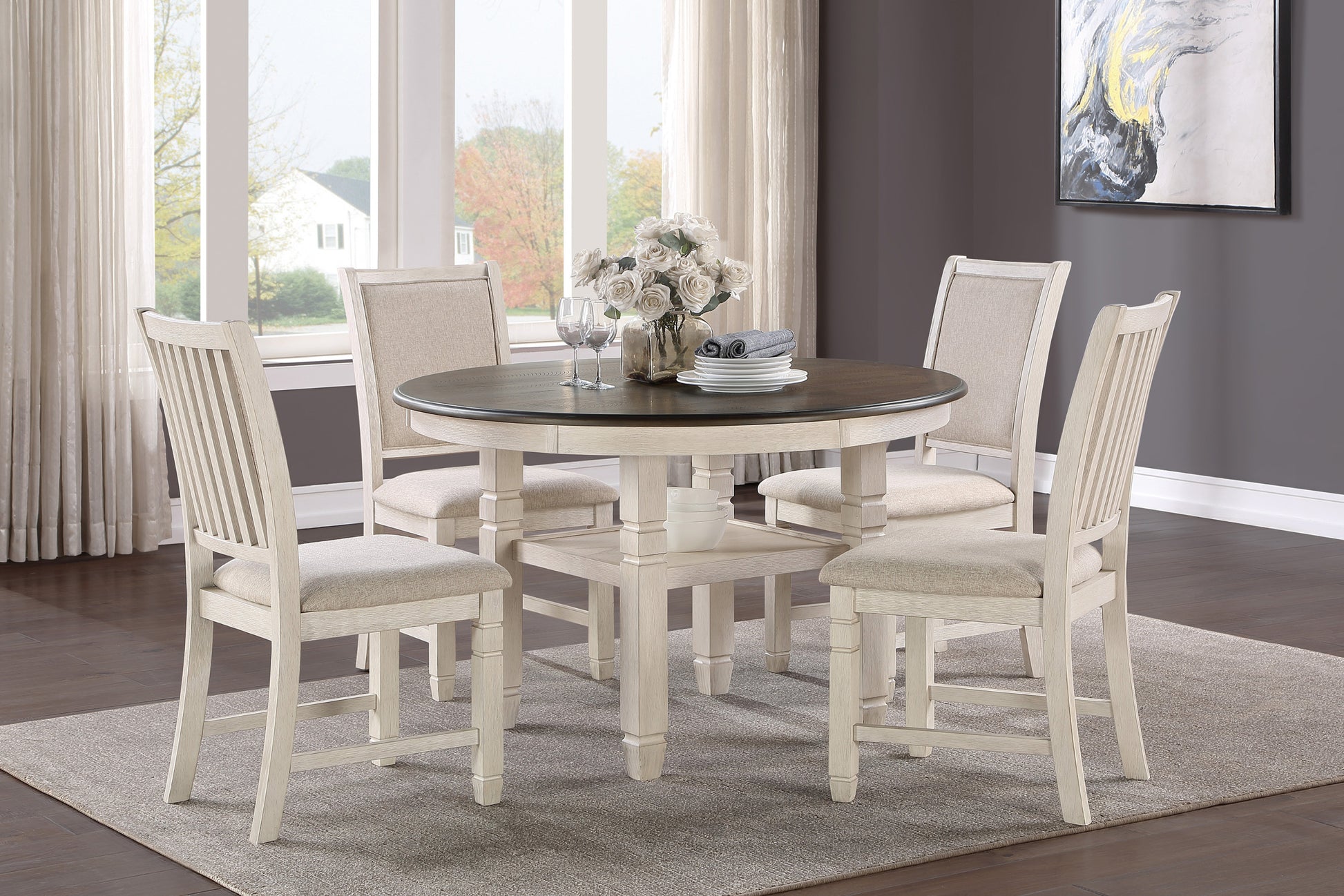 Antique White and Brown Finish 5pc Dining Set Table antique white-seats 4-dining