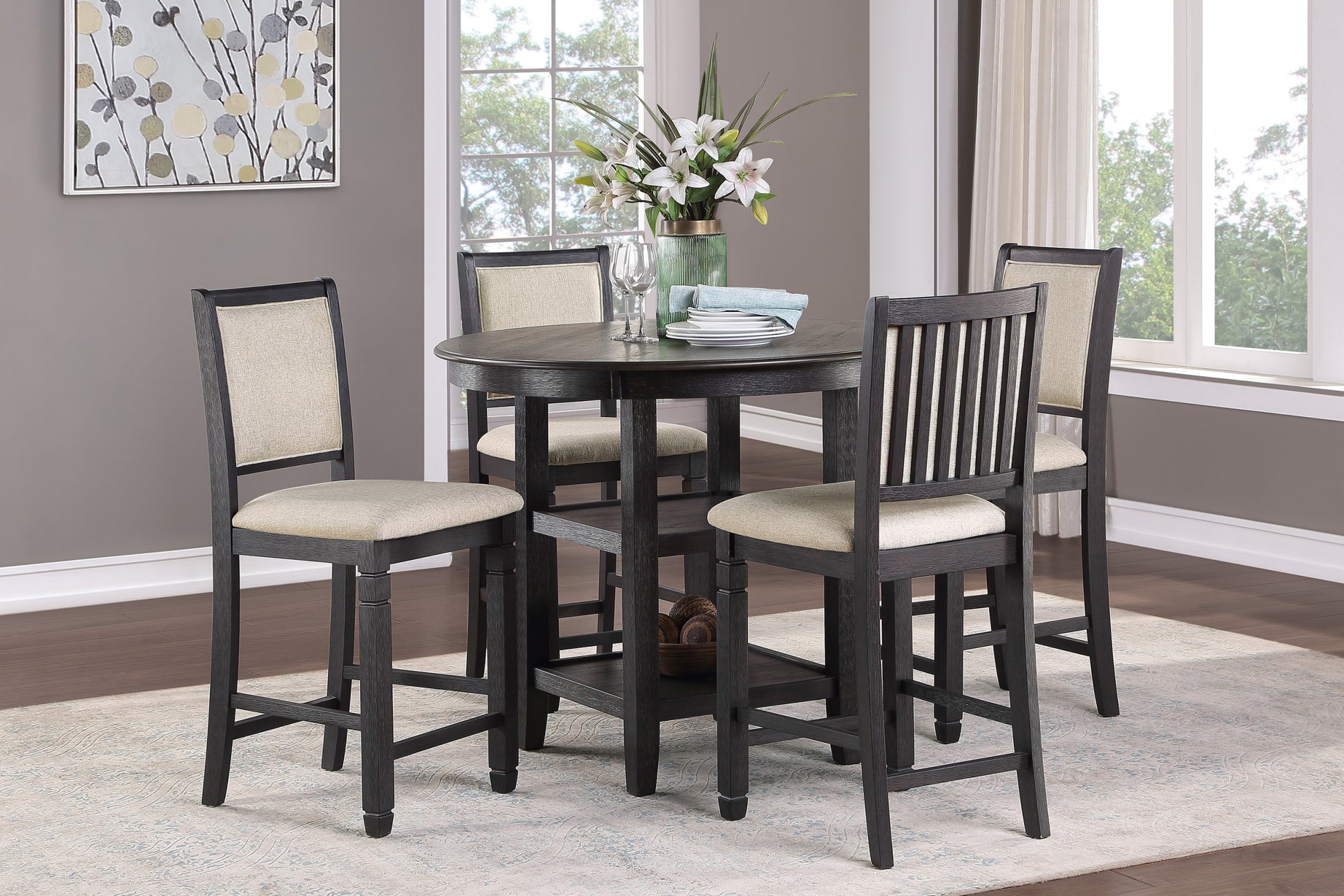 5pc Counter Height Dining Set Table w Built in Shelves black-seats 4-dining