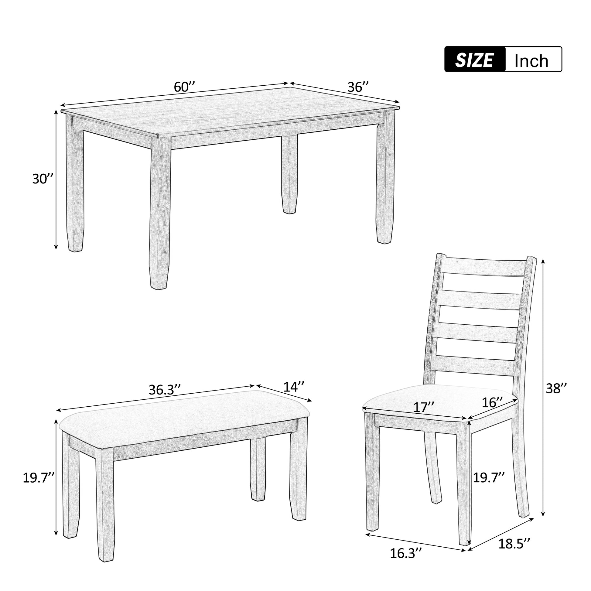 Rustic Style 6 Piece Dining Room Table Set with brown+whitewash-solid wood