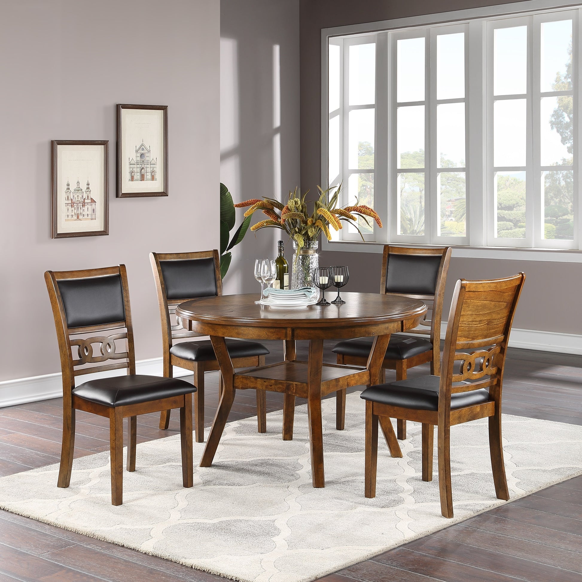 Contemporary Dining 5pc Set Round Table w 4x Side wood-wood-walnut-seats 4-wood-dining