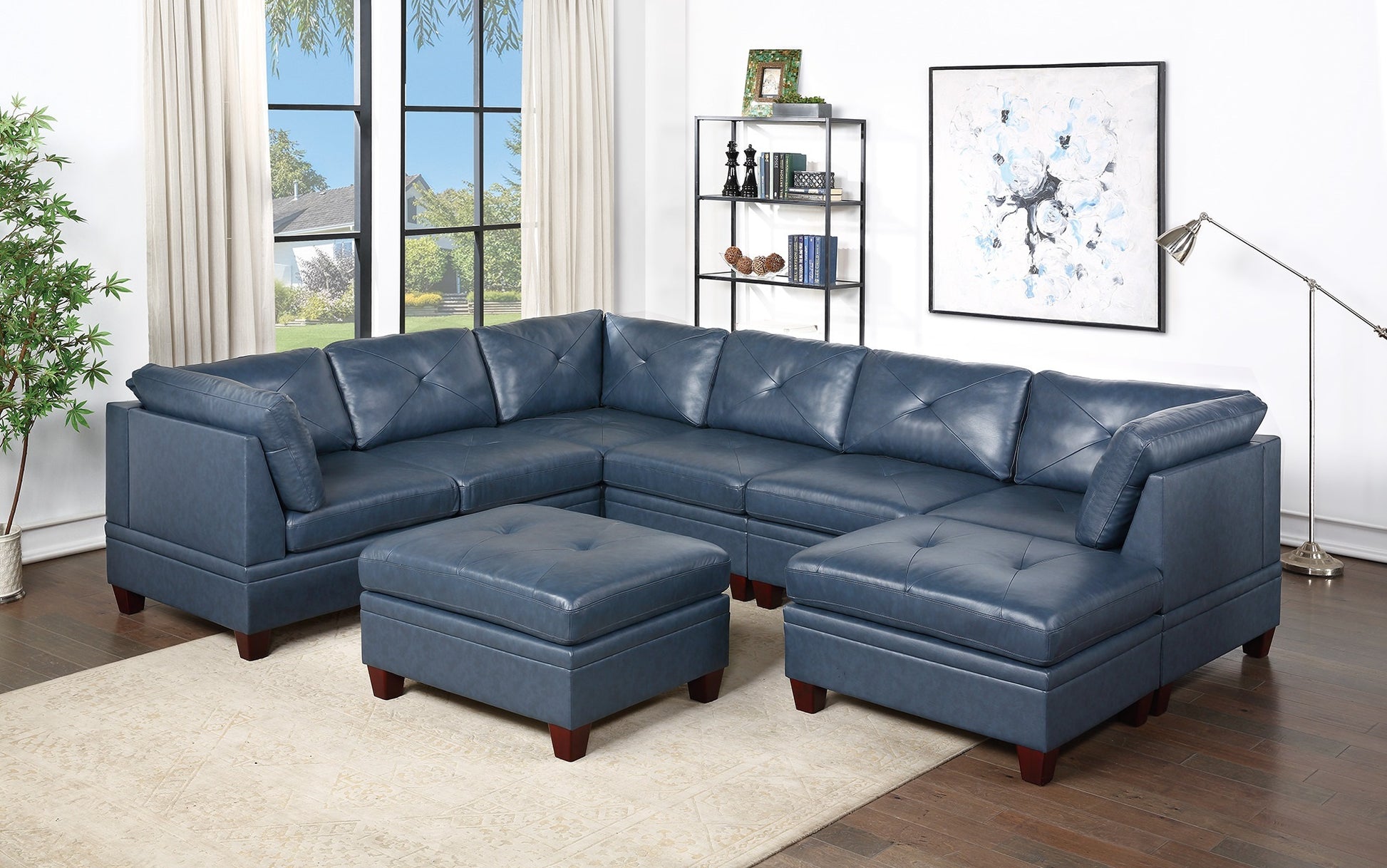 Contemporary Genuine Leather 1pc Ottoman Ink Blue blue-genuine leather-primary living