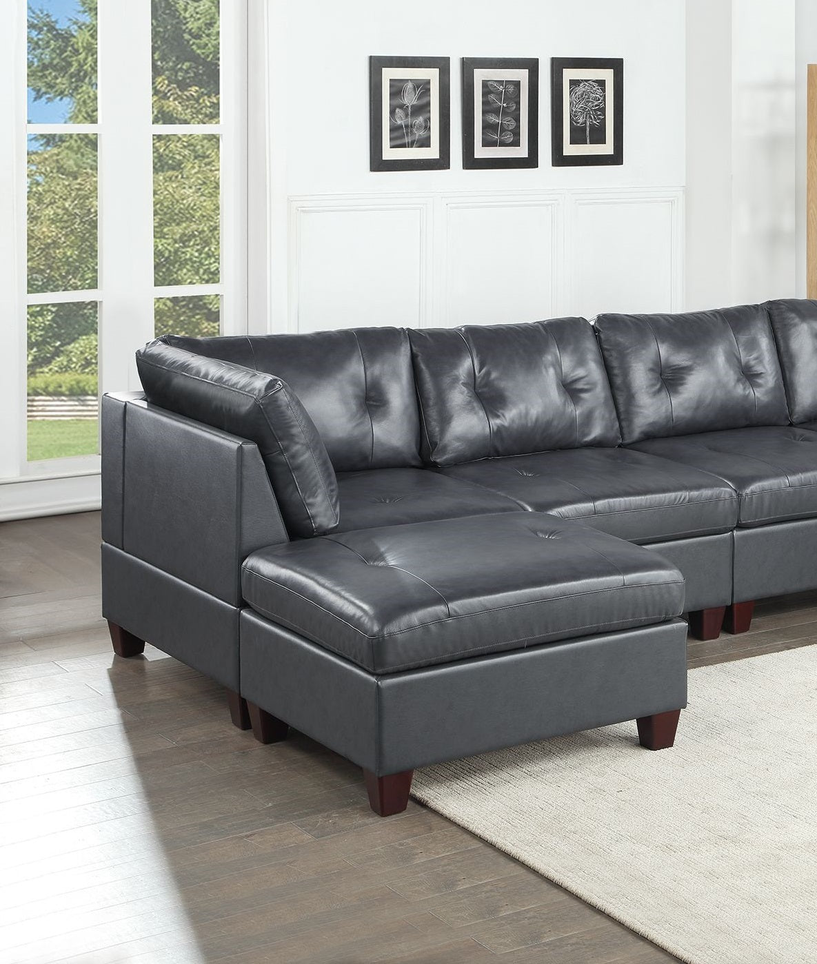 Genuine Leather Black Tufted 6pc Sectional Set 2x black-genuine leather-wood-primary living