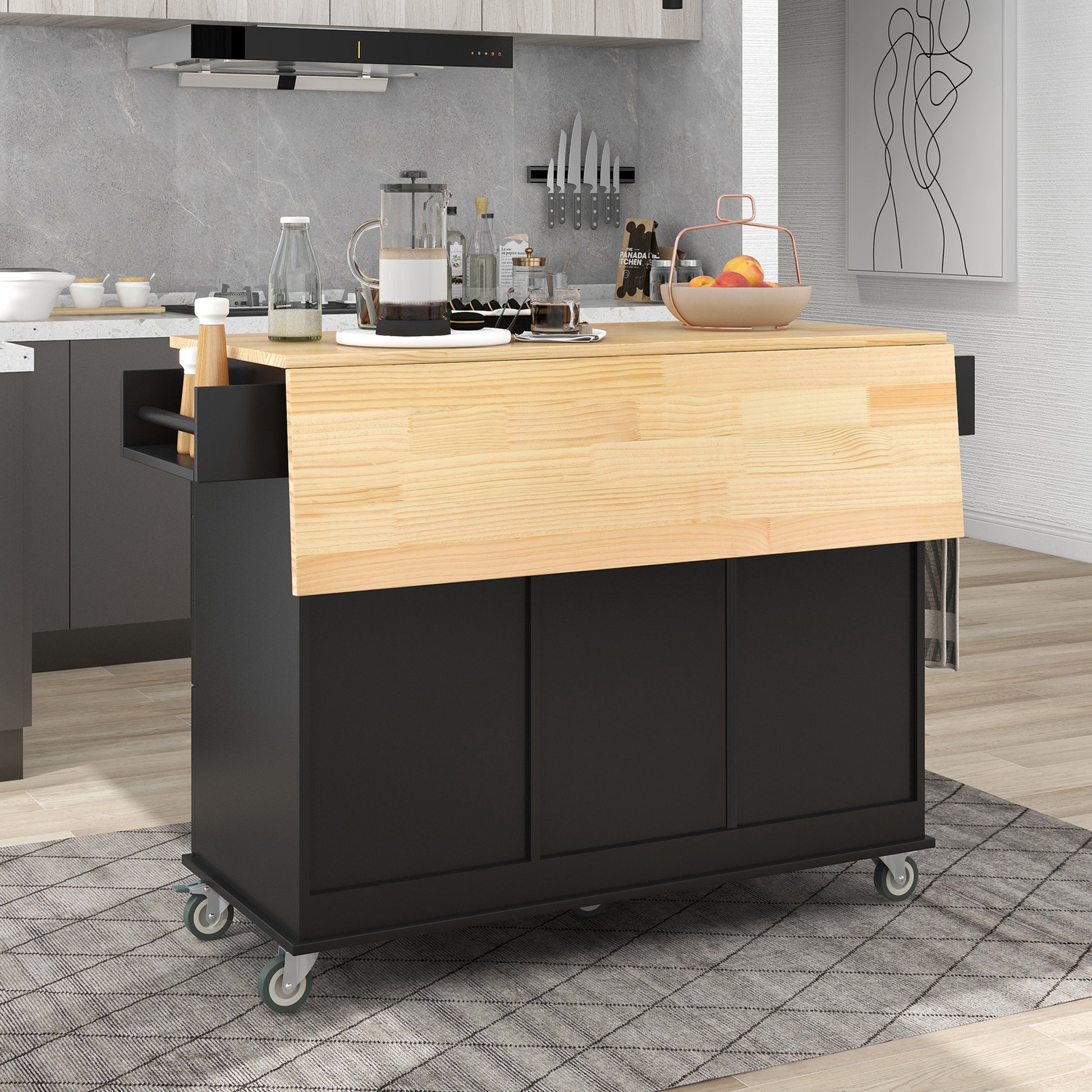 Rolling Mobile Kitchen Island with Solid Wood Top and black-mdf