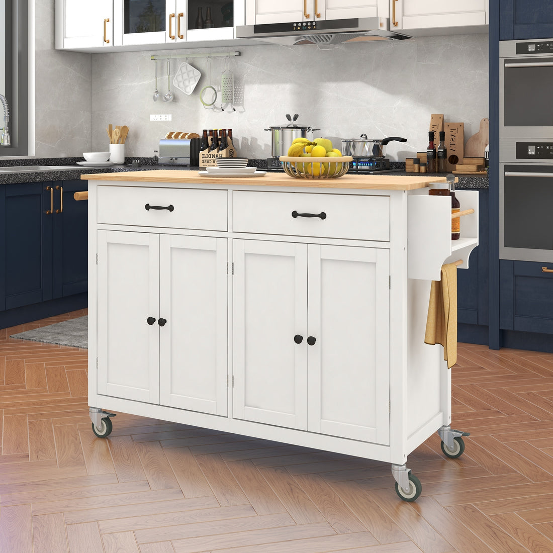 Kitchen Island Cart with Solid Wood Top and Locking white-mdf