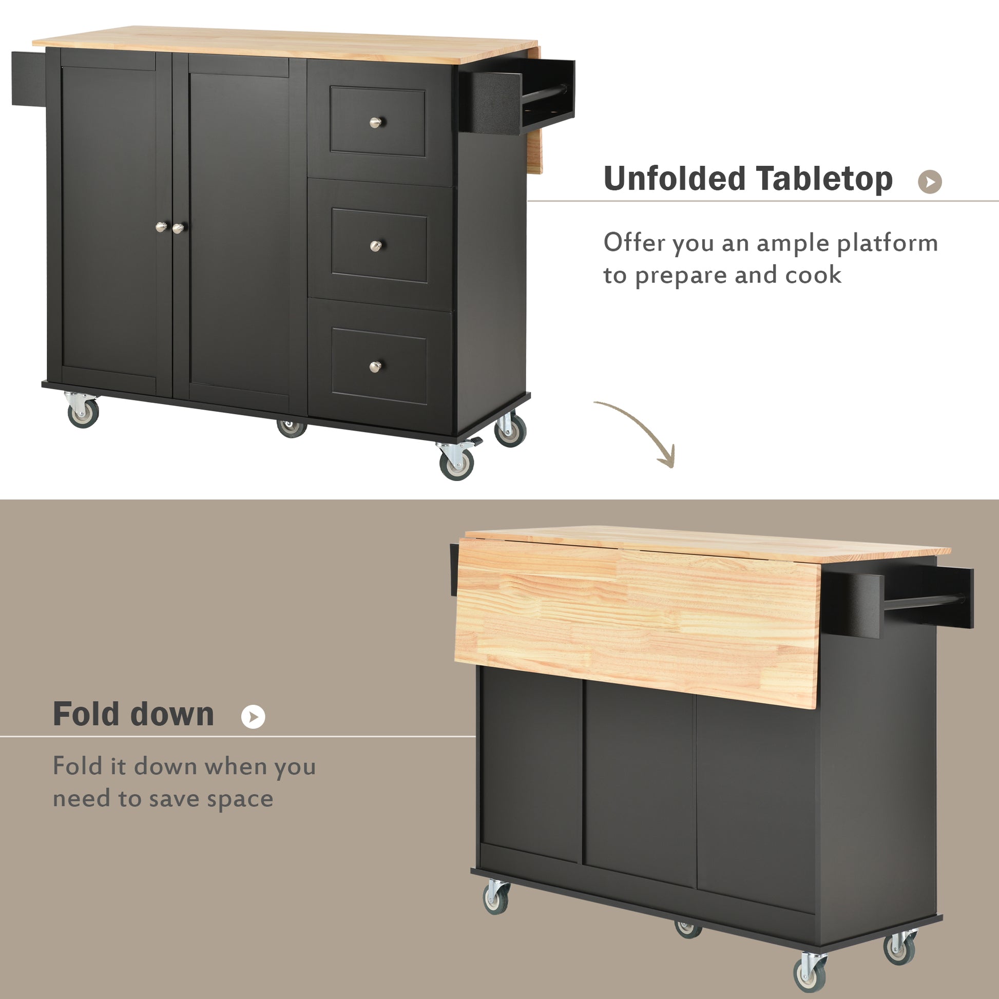 Rolling Mobile Kitchen Island with Solid Wood Top and black-mdf