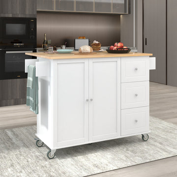 Rolling Mobile Kitchen Island with Solid Wood Top and white-mdf