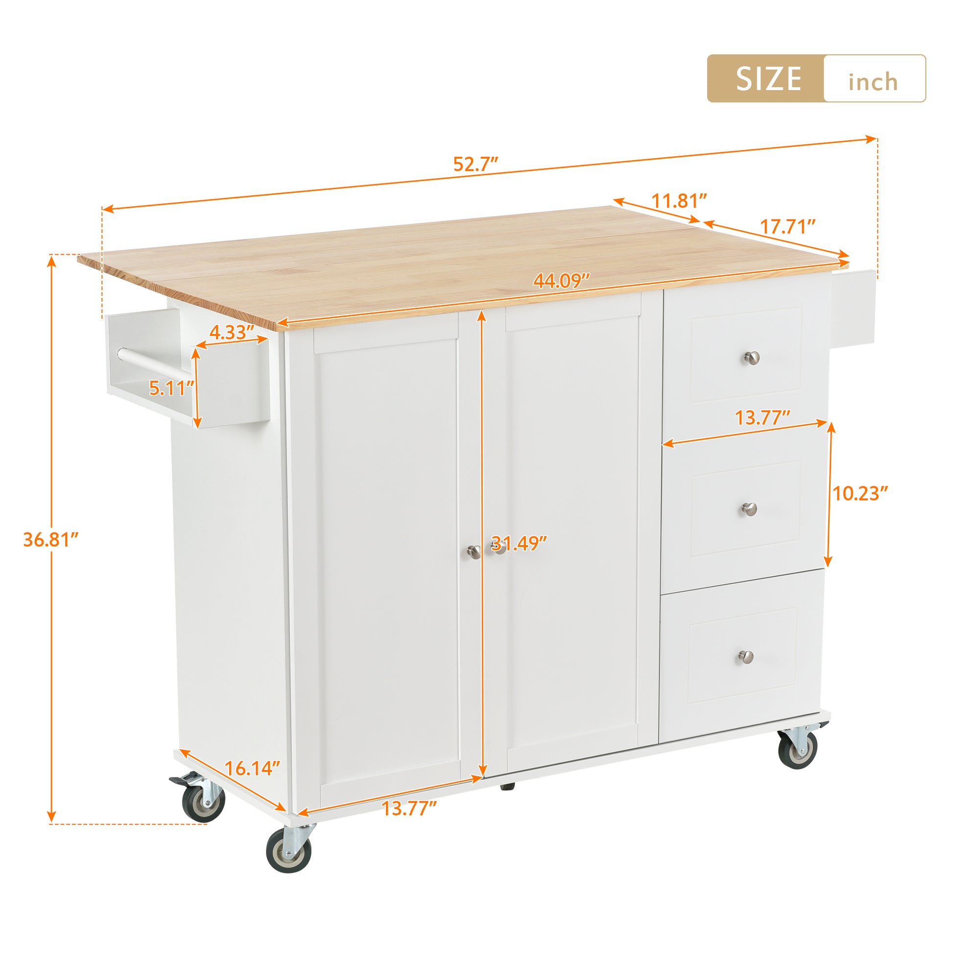 Rolling Mobile Kitchen Island with Solid Wood Top and white-mdf