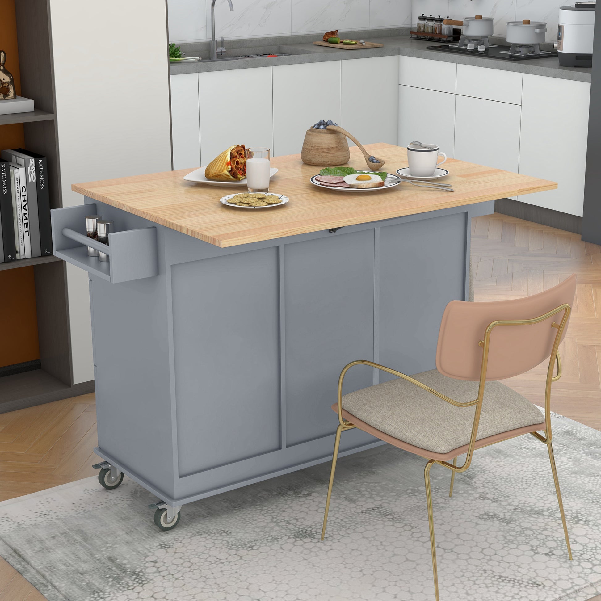 Rolling Mobile Kitchen Island with Solid Wood Top and blue+grey-mdf