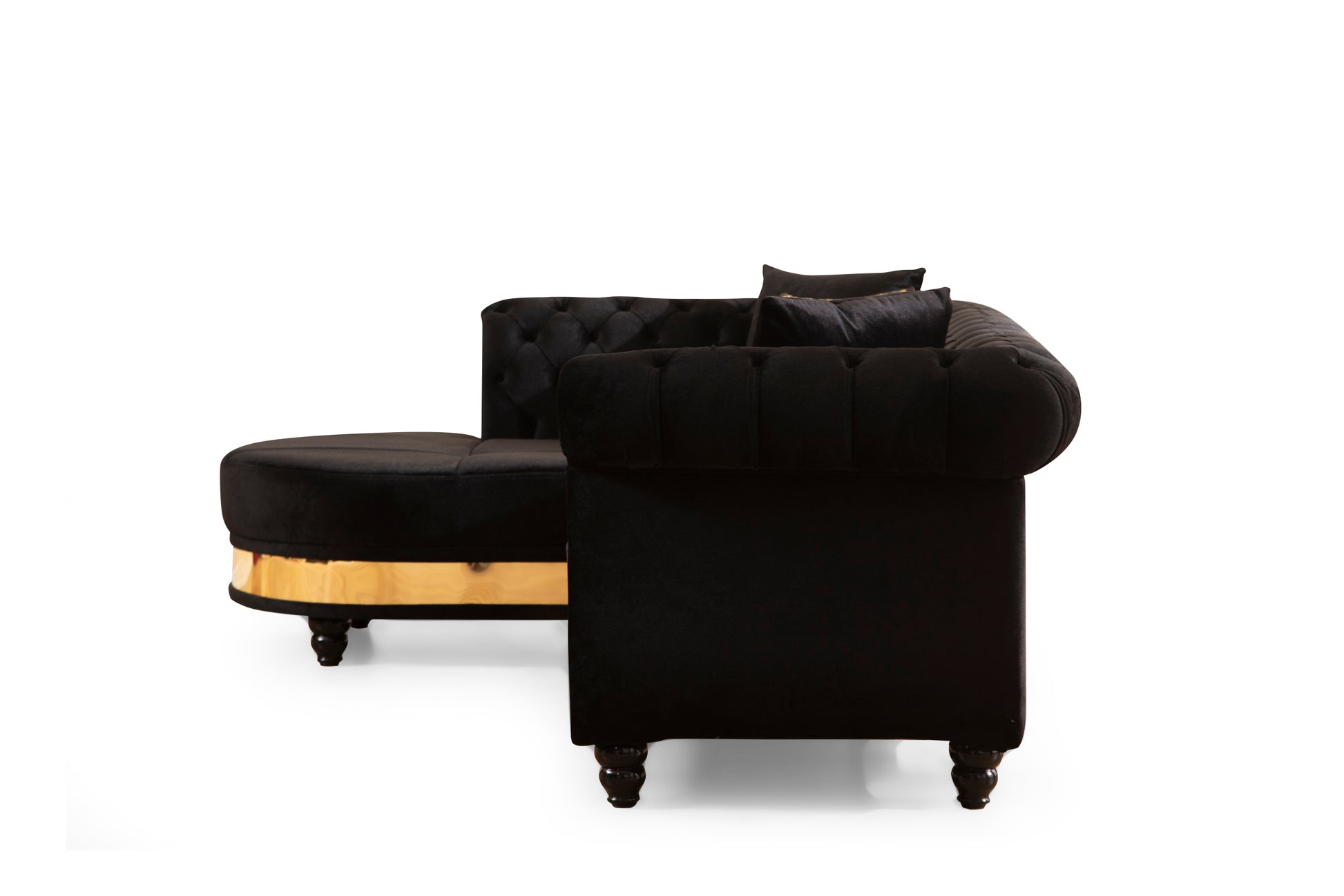 Julia Gold Detailed Tufted Upholstery Sectional made black-velvet-wood-primary living