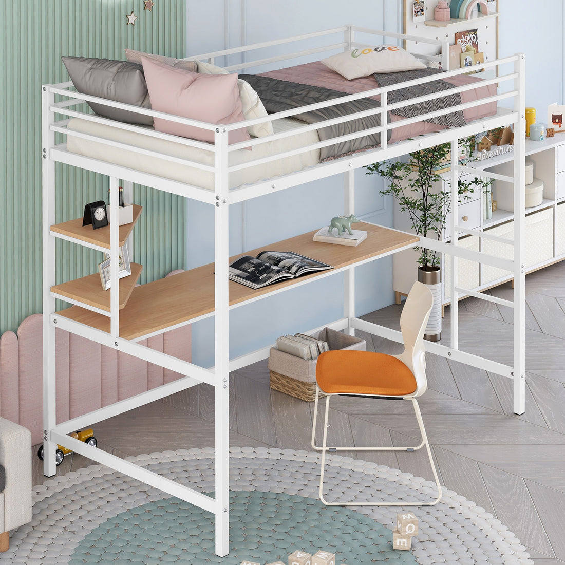 Twin Metal Loft Bed With Desk And Shelve,White -