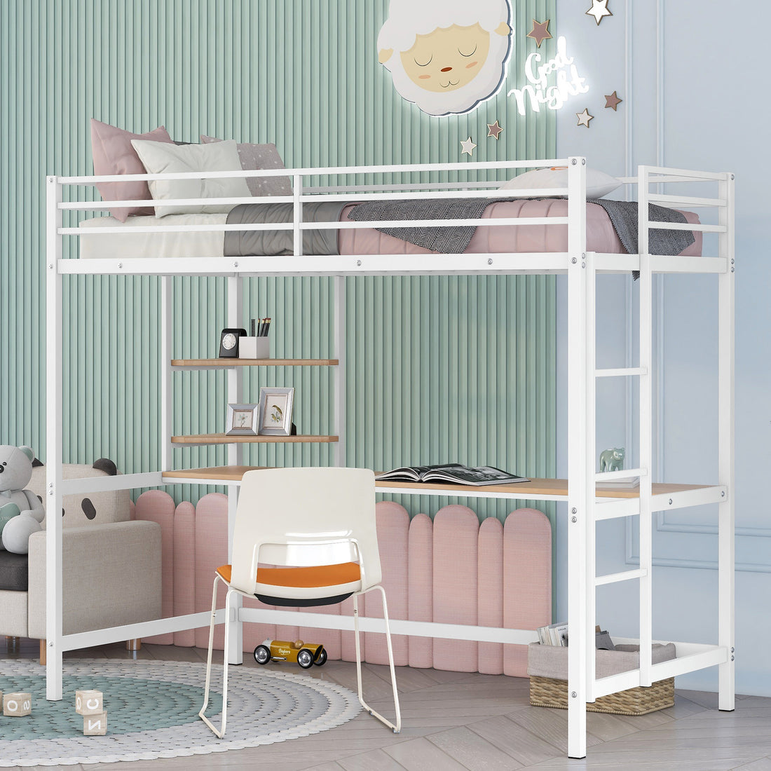 Twin Metal Loft Bed With Desk And Shelve,White -