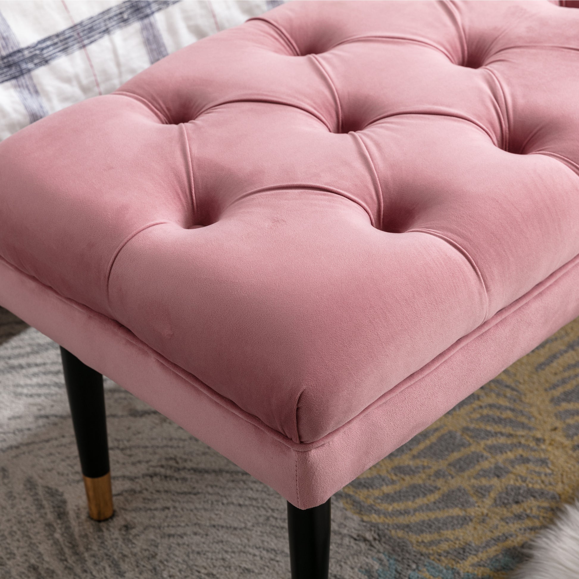 Tufted Bench Modern Velvet Button Upholstered Ottoman pink-foam-fabric