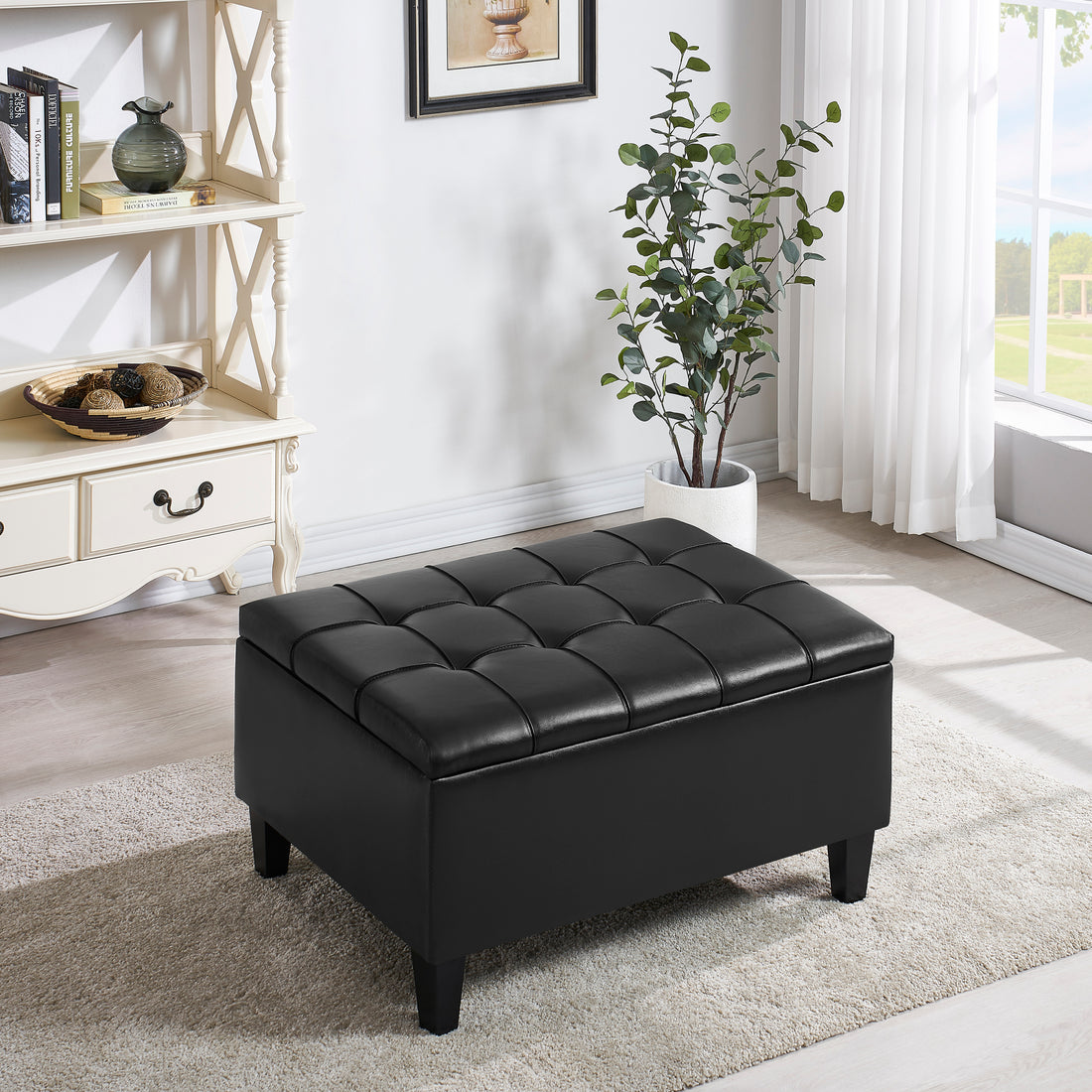 Faux Leather Upholstery Storage Ottoman Black black-foam-pu