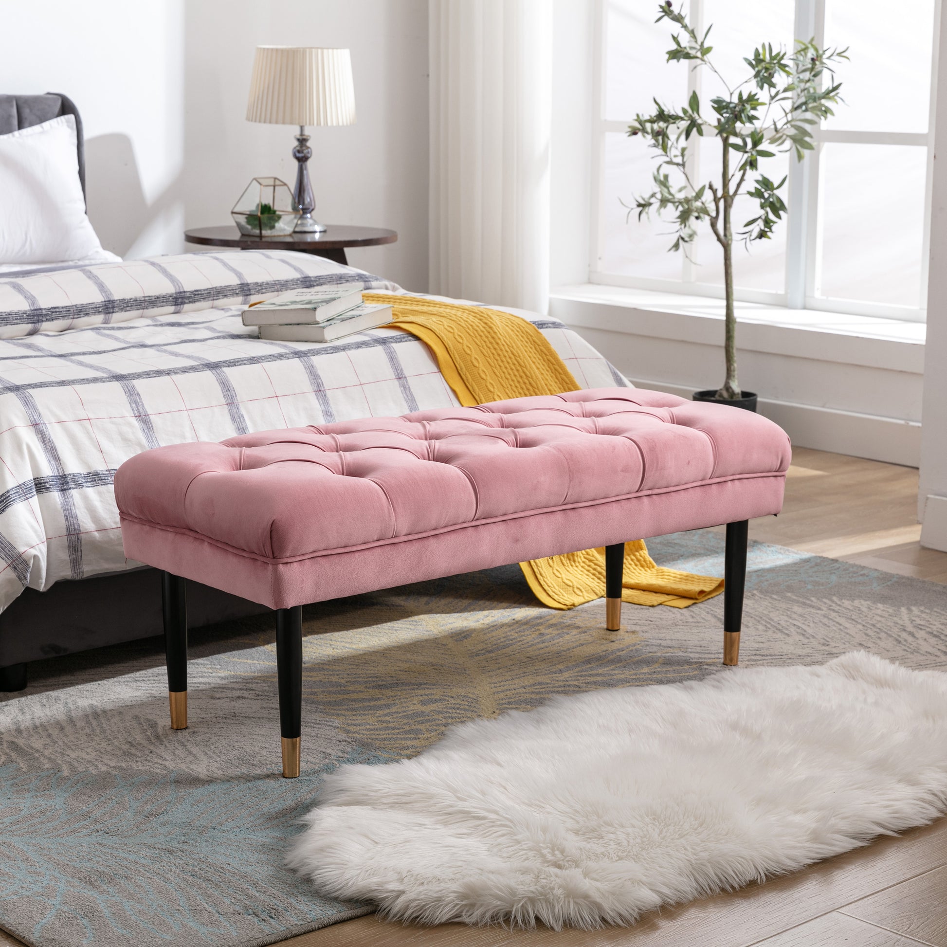 Tufted Bench Modern Velvet Button Upholstered Ottoman pink-foam-fabric