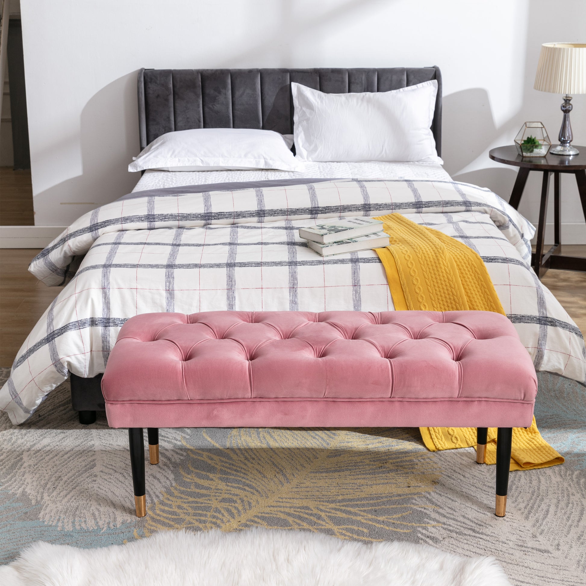 Tufted Bench Modern Velvet Button Upholstered Ottoman pink-foam-fabric