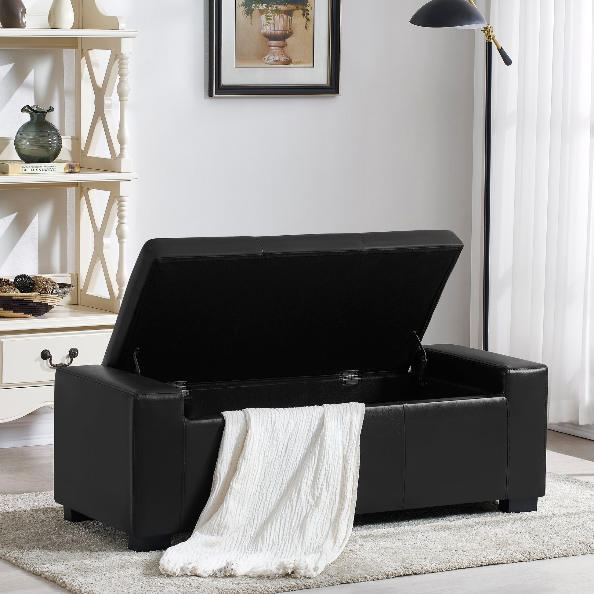 Faux Leather Upholstery Storage Ottoman Bench Black black-foam-pu