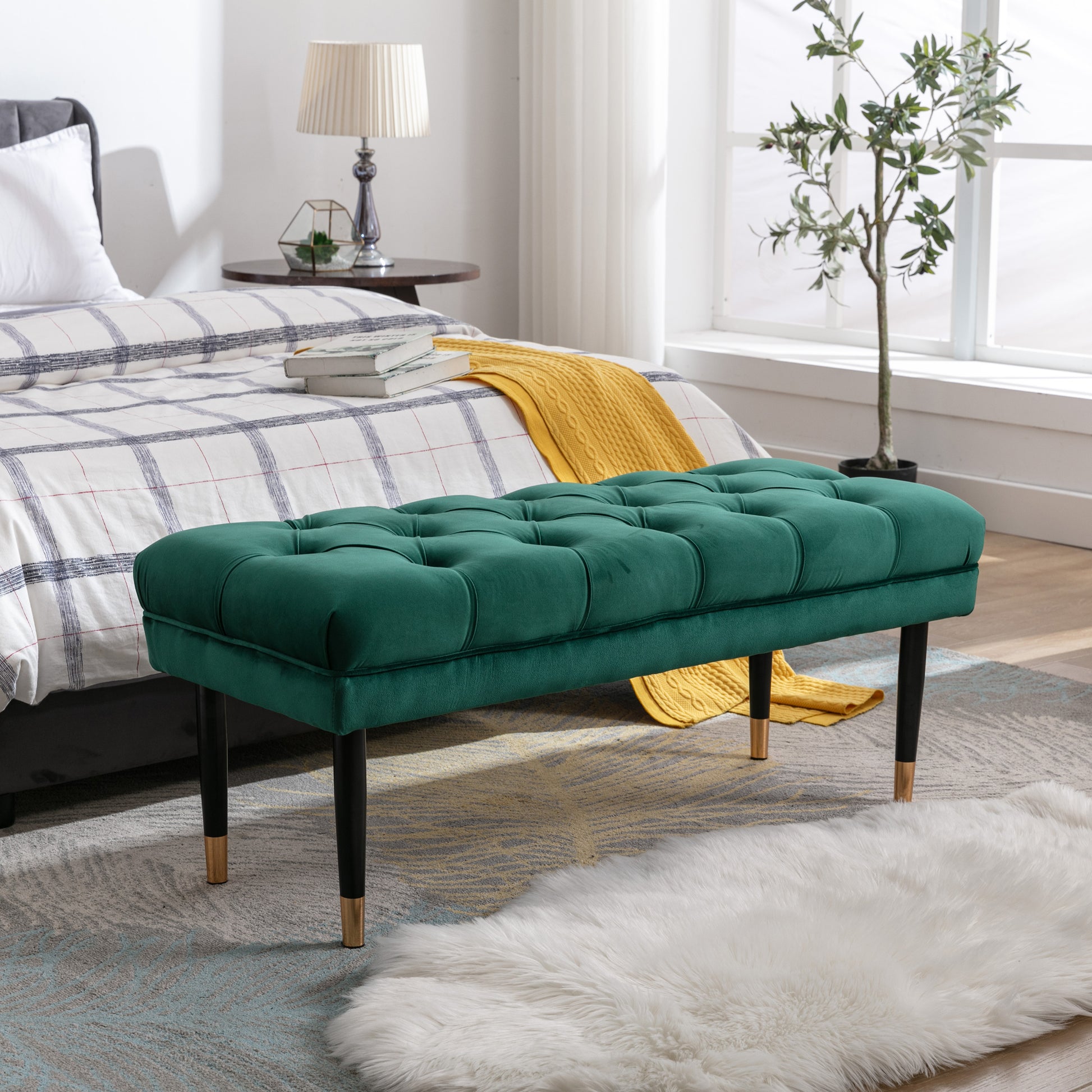 Tufted Bench Modern Velvet Button Upholstered Ottoman green-foam-fabric