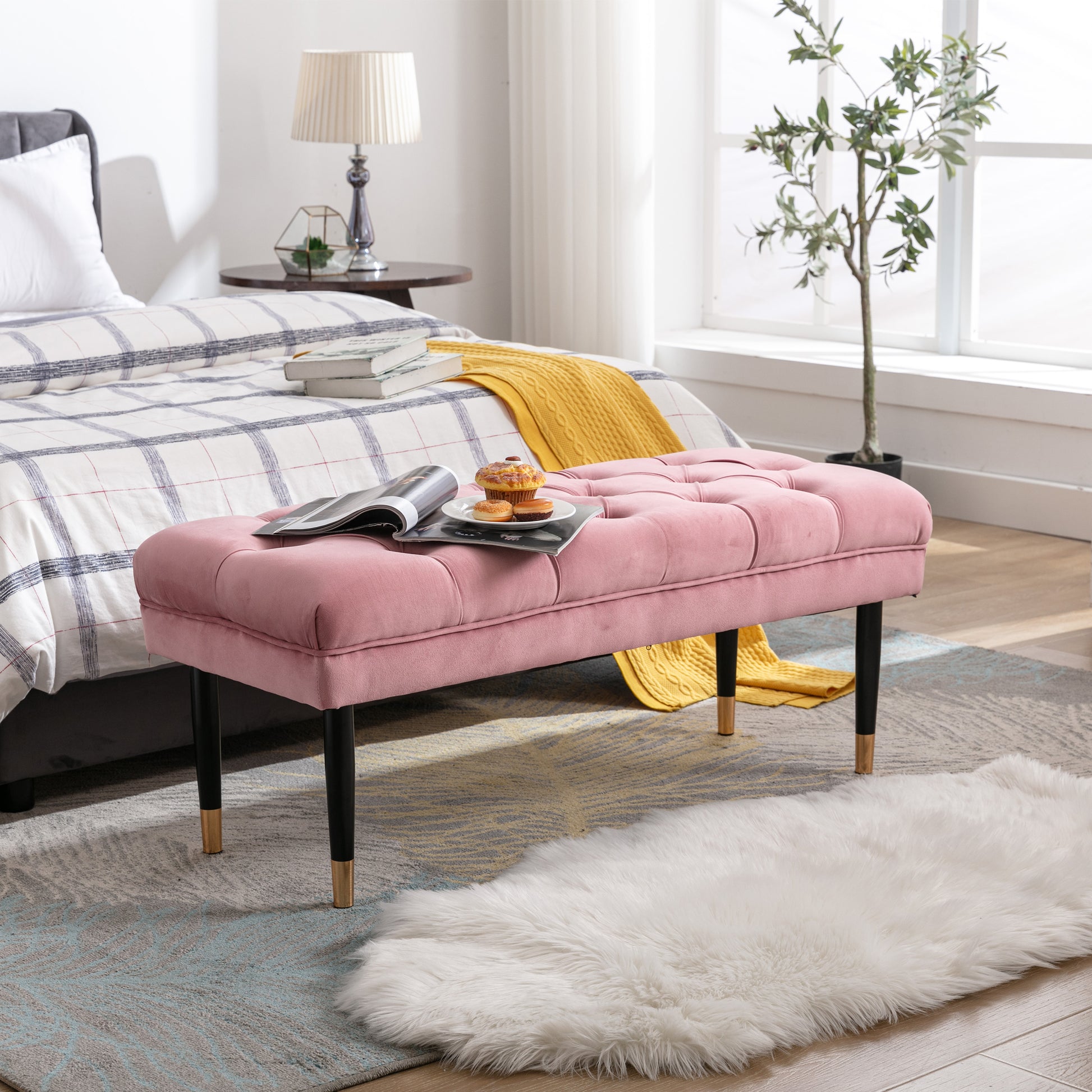 Tufted Bench Modern Velvet Button Upholstered Ottoman pink-foam-fabric