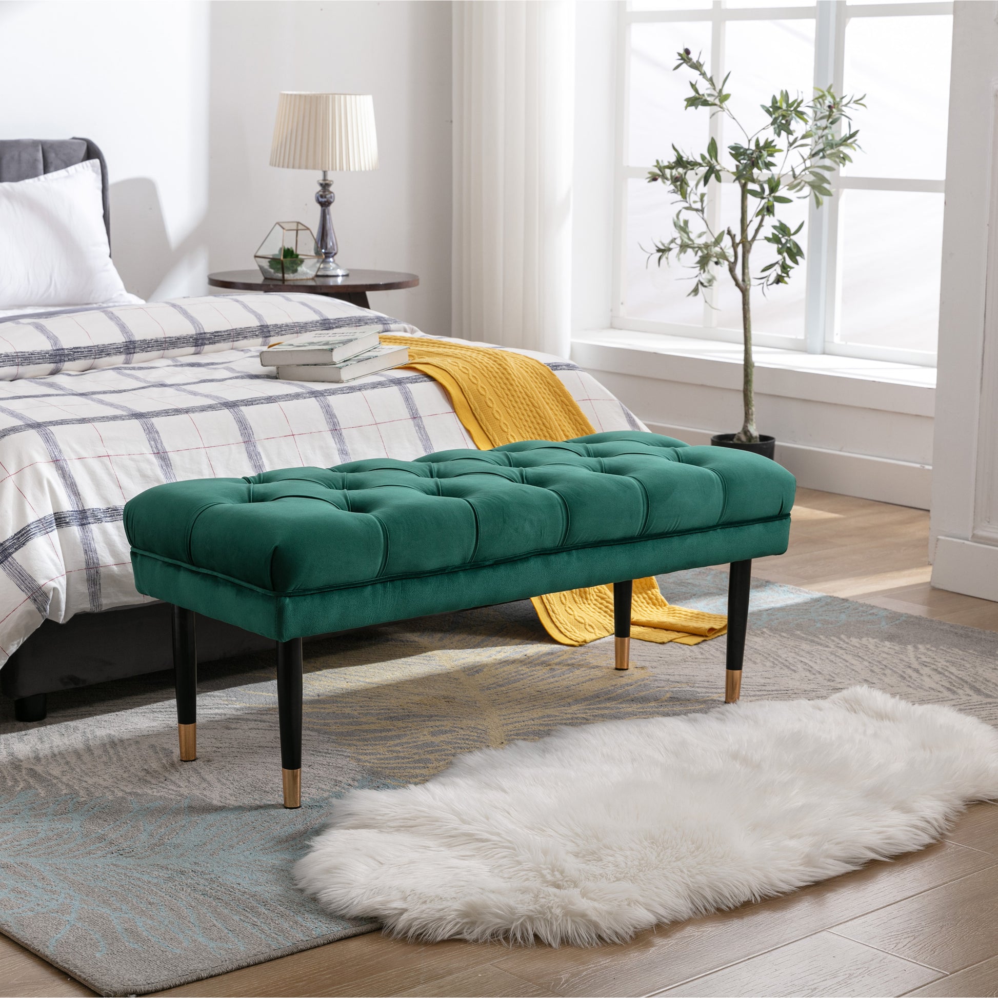 Tufted Bench Modern Velvet Button Upholstered Ottoman green-foam-fabric