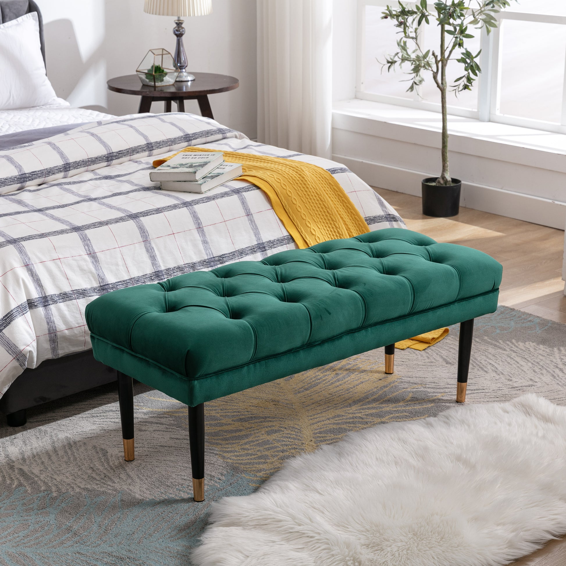 Tufted Bench Modern Velvet Button Upholstered Ottoman green-foam-fabric