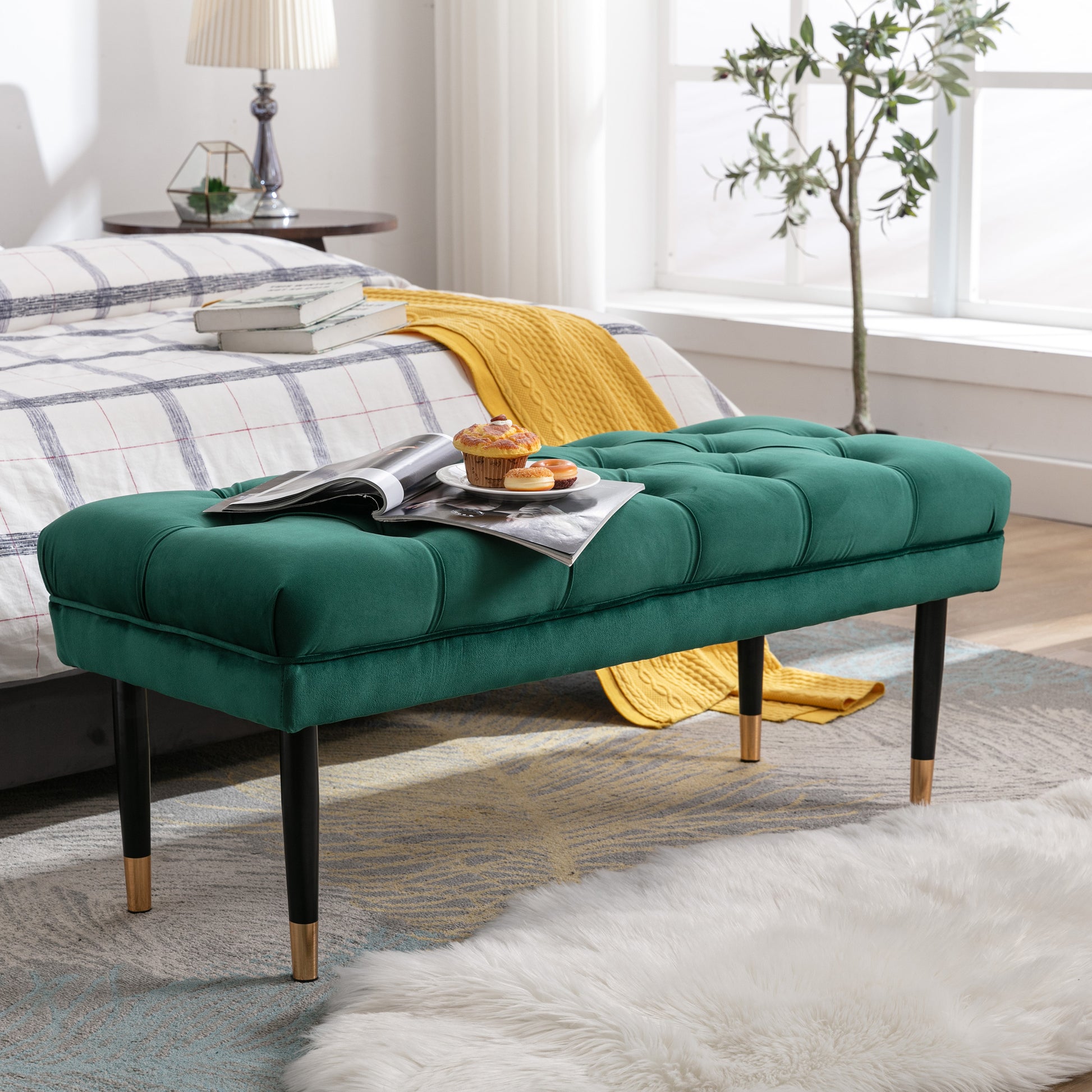 Tufted Bench Modern Velvet Button Upholstered Ottoman green-foam-fabric