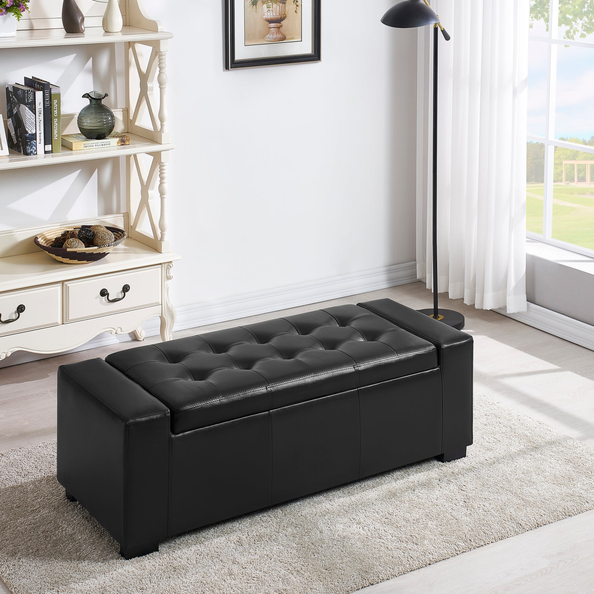 Faux Leather Upholstery Storage Ottoman Bench Black black-foam-pu