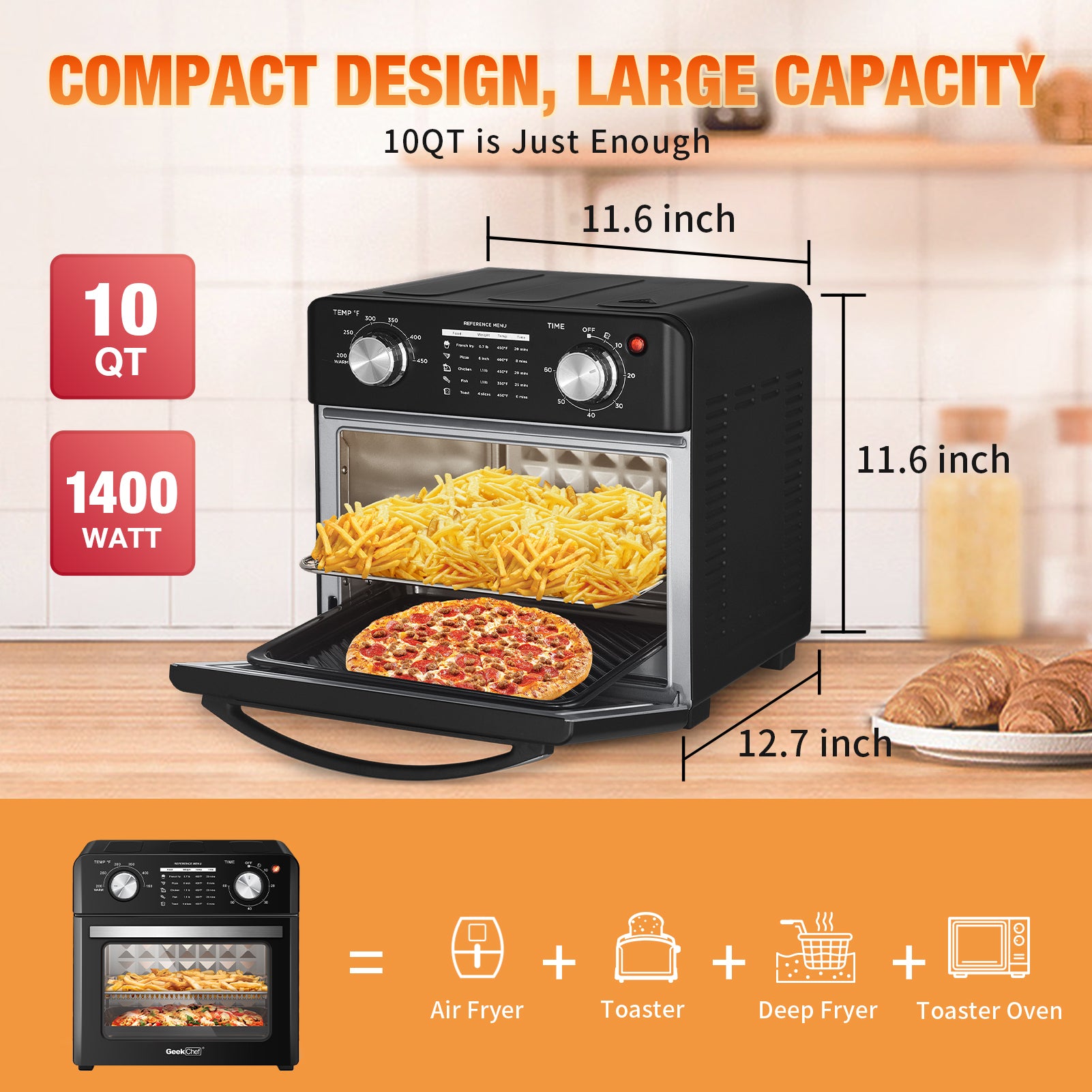 Geek Chef Air Fryer 10QT, Countertop Toaster Oven, 4 black-metal