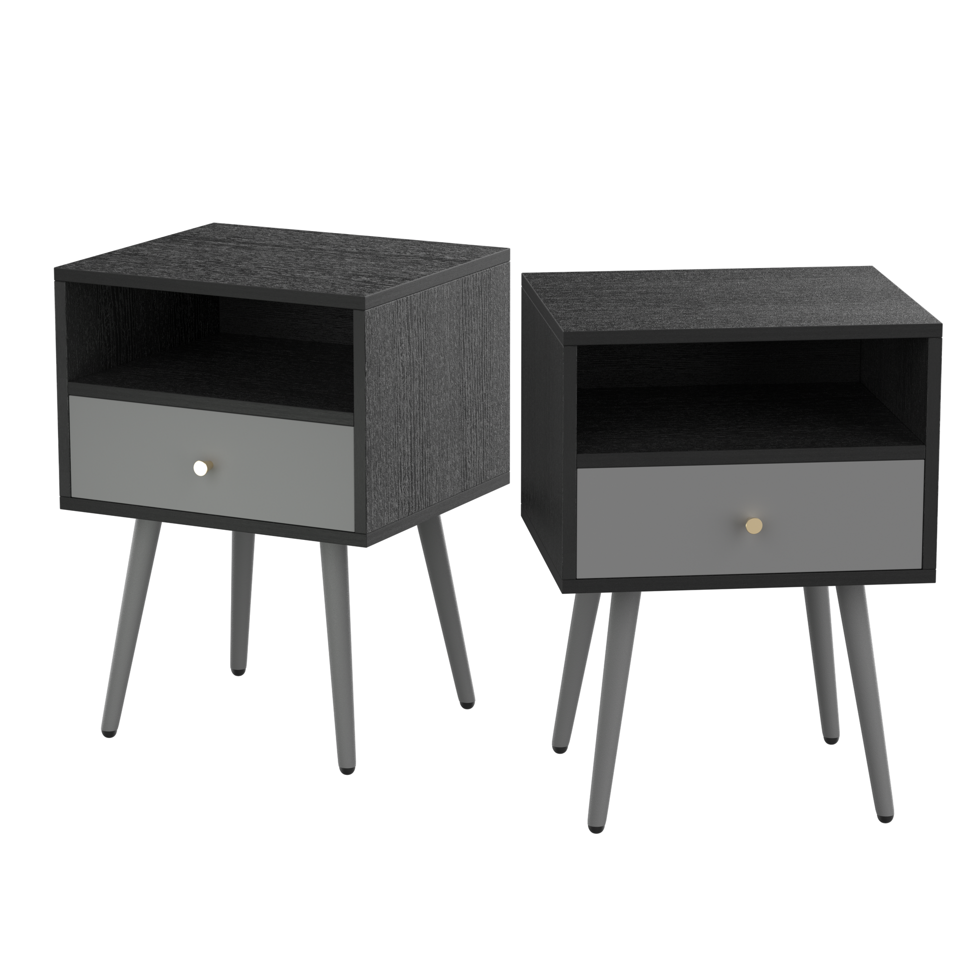 Modern Bedside Tables Set of 2,Nightstand with 1 dark gray-metal & wood