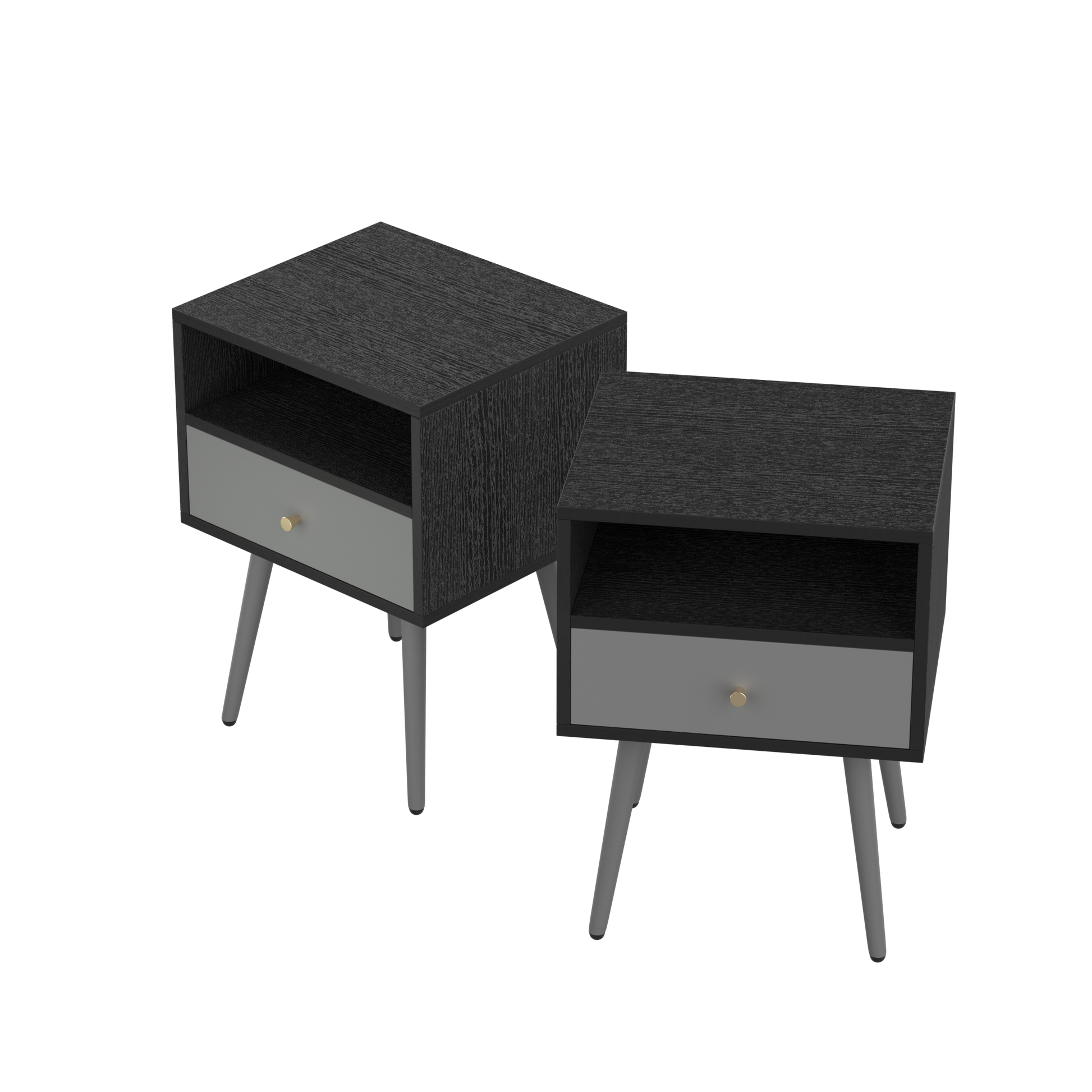 Modern Bedside Tables Set of 2,Nightstand with 1 dark gray-metal & wood