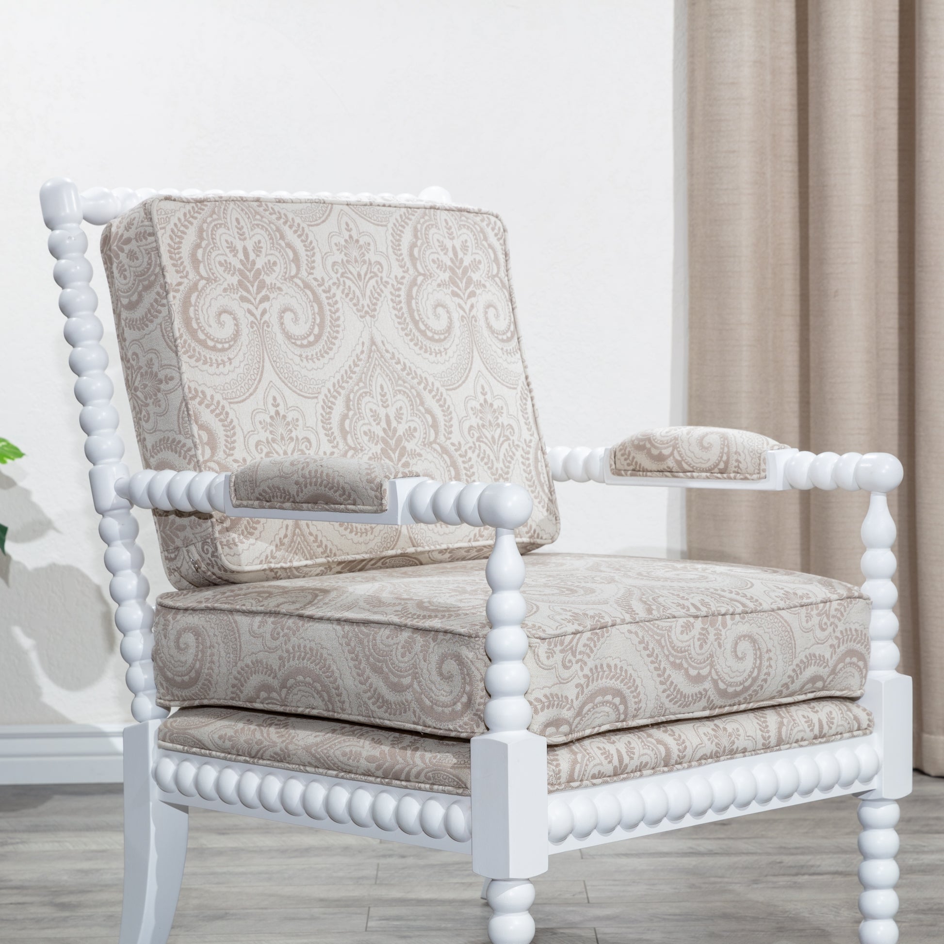 Spindle Chair, White Finish, Taupe Paisley Fabric white-fabric