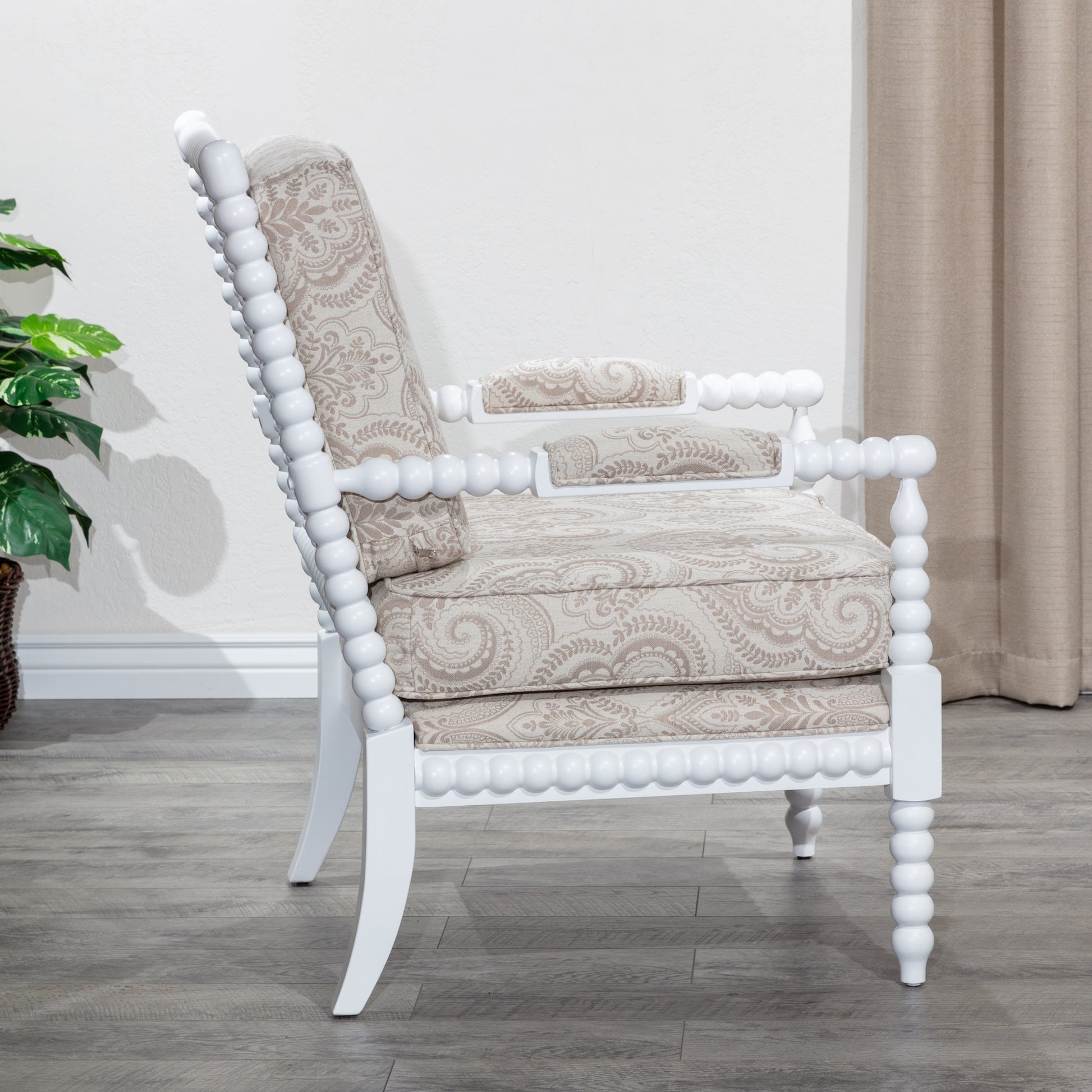 Spindle Chair, White Finish, Taupe Paisley Fabric white-fabric