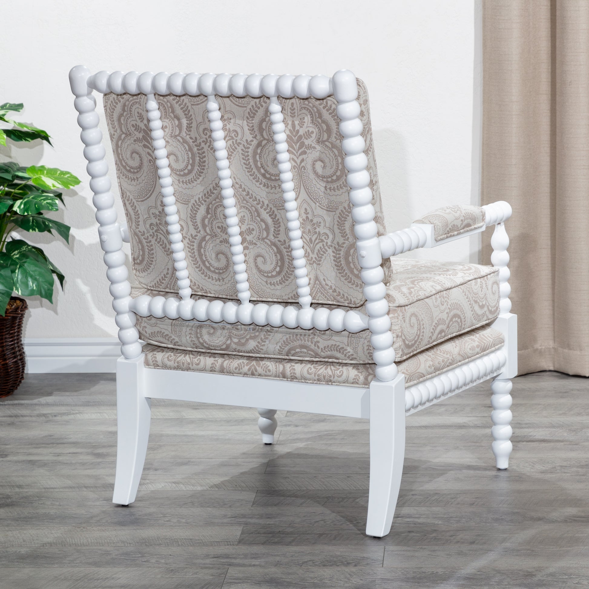 Spindle Chair, White Finish, Taupe Paisley Fabric white-fabric