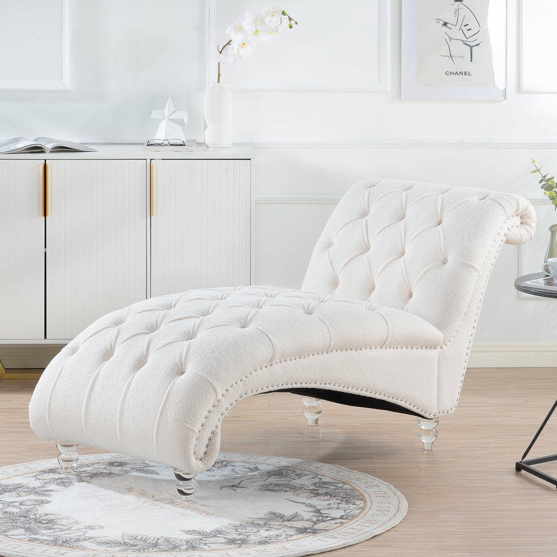 Tufted Armless Chaise Lounge - White Fabric