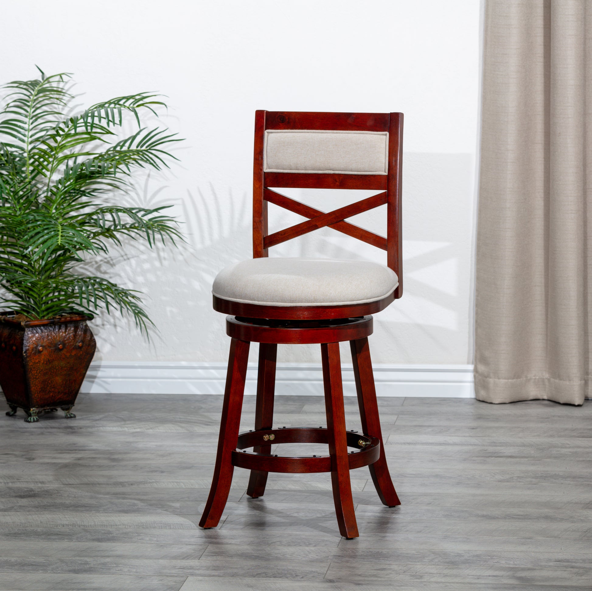 30" Bar Height X Back Swivel Stool, Cherry Finish cherry-fabric