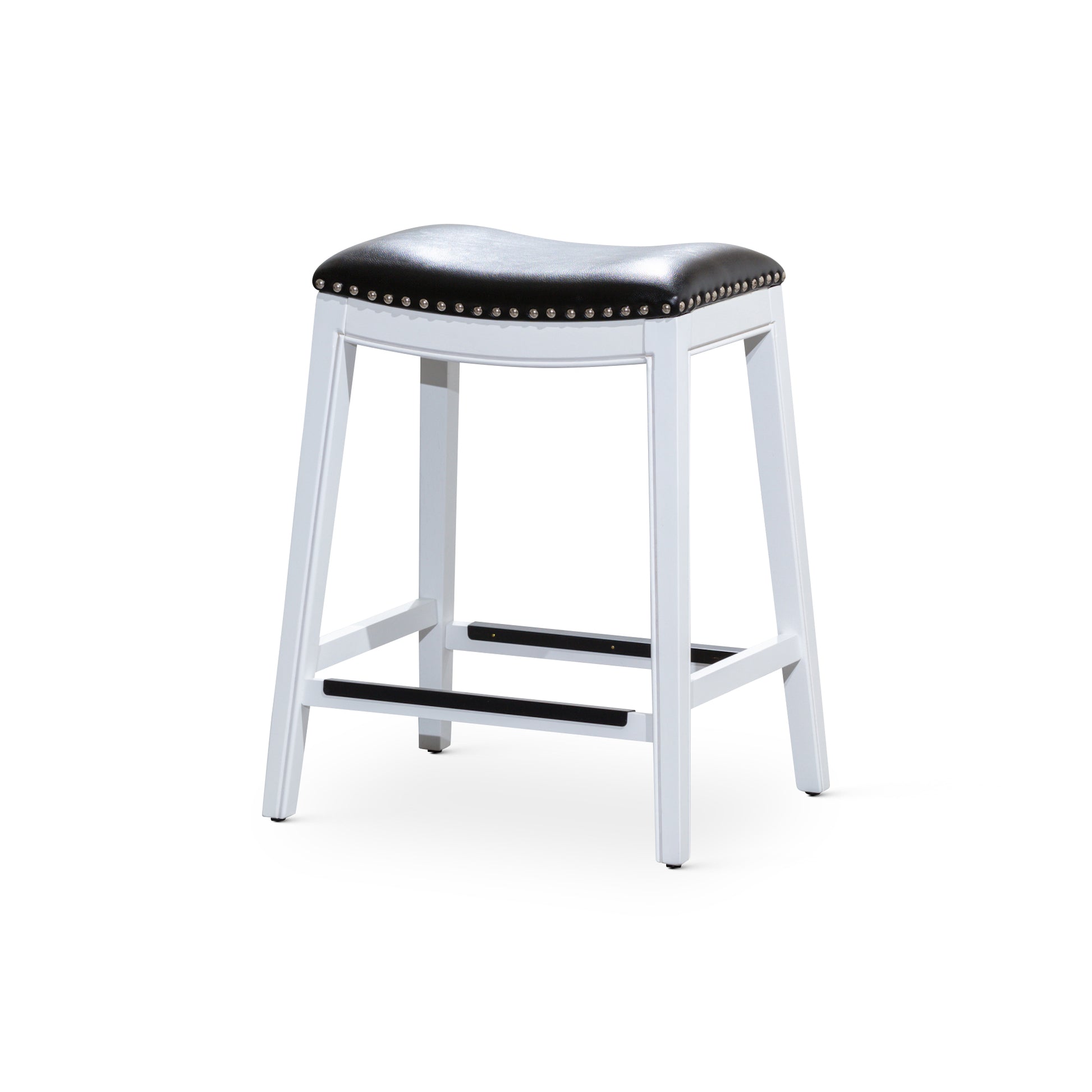 24" Counter Stool, White Finish, Black Leather Seat white-bonded leather