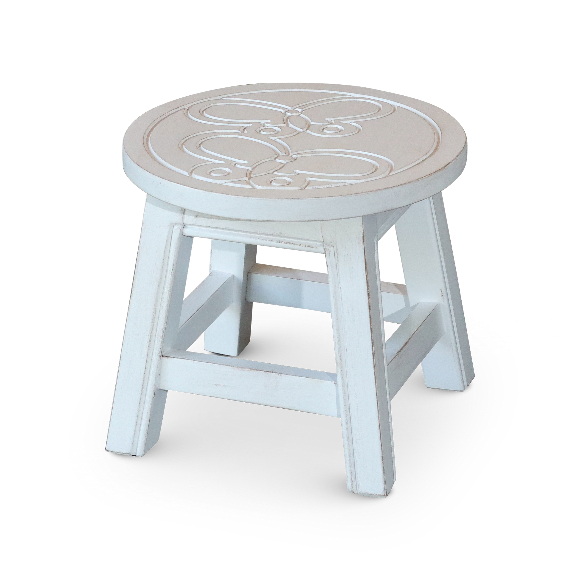 Carved Wooden Step Stool, Butterflies, Antique White antique white-rubber wood