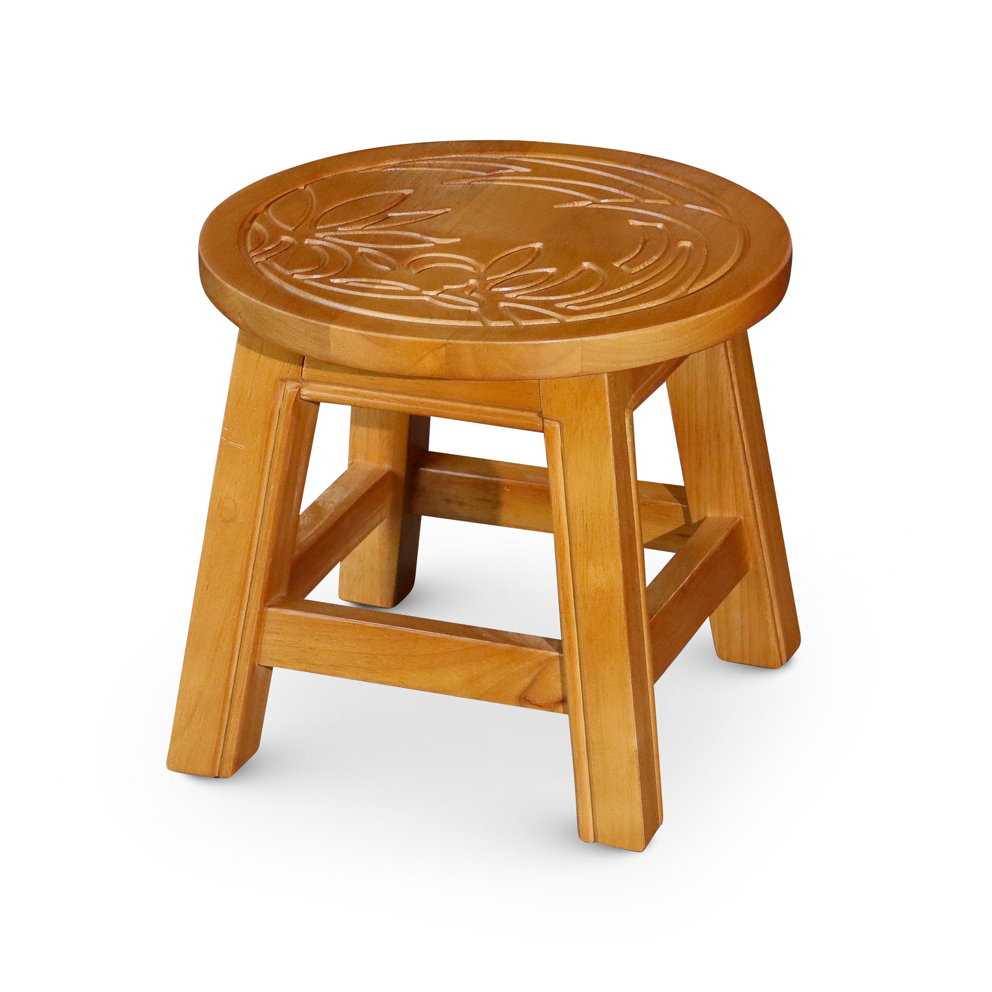 Carved Wooden Step Stool, Floral, Natural natural-rubber wood