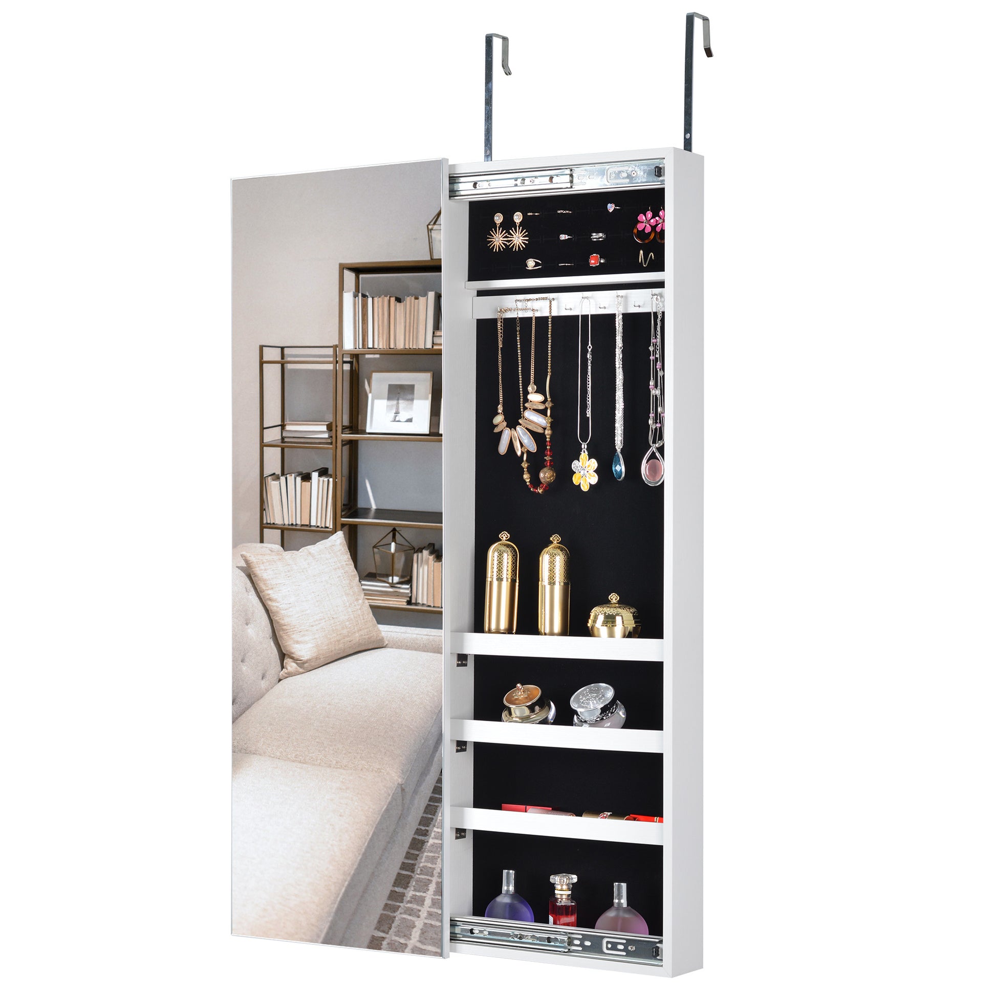 Full Mirror Jewelry Storage Cabinet With with Slide white-mdf-mdf