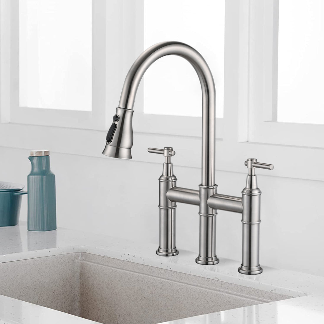 Double Handle Bridge Kitchen Faucet With Pull Down matte black-stainless steel