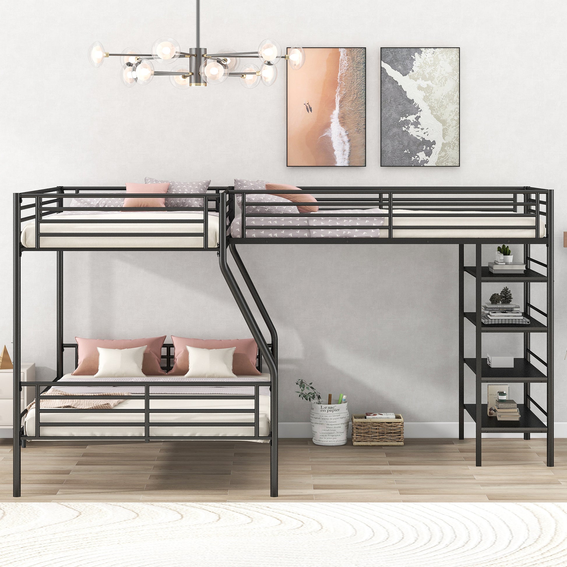 L Shaped Metal Twin Over Full Bunk Bed And Twin